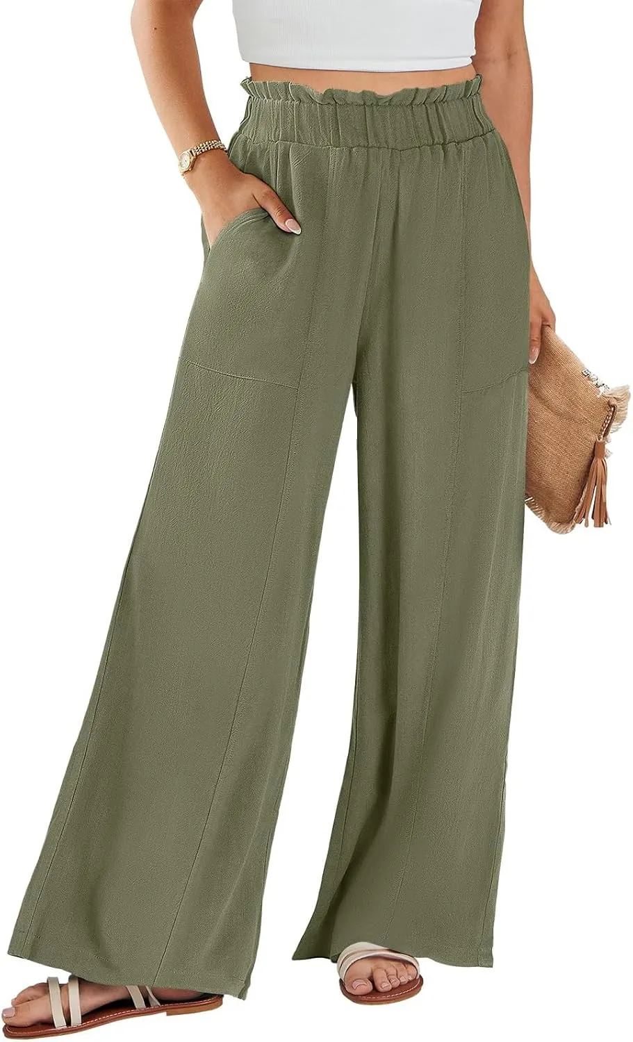 Linen Pants Women Summer Casual Baggy Wide Leg Beach Pants Elastic High Waisted Pull on Vacation Pants with Pockets