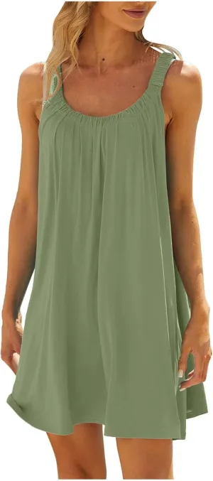 NaRHbrg Summer Dresses for Women 2025 Casual Pleated Tank Sundress Loose Beach Vacation Crew Neck Sleeveless Mini Dress
