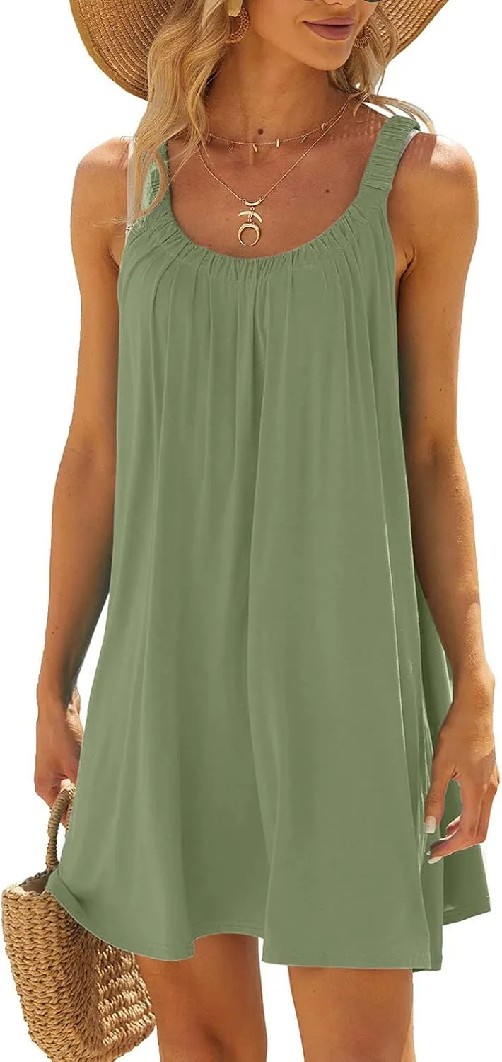 NaRHbrg Summer Dresses for Women 2025 Casual Pleated Tank Sundress Loose Beach Vacation Crew Neck Sleeveless Mini Dress