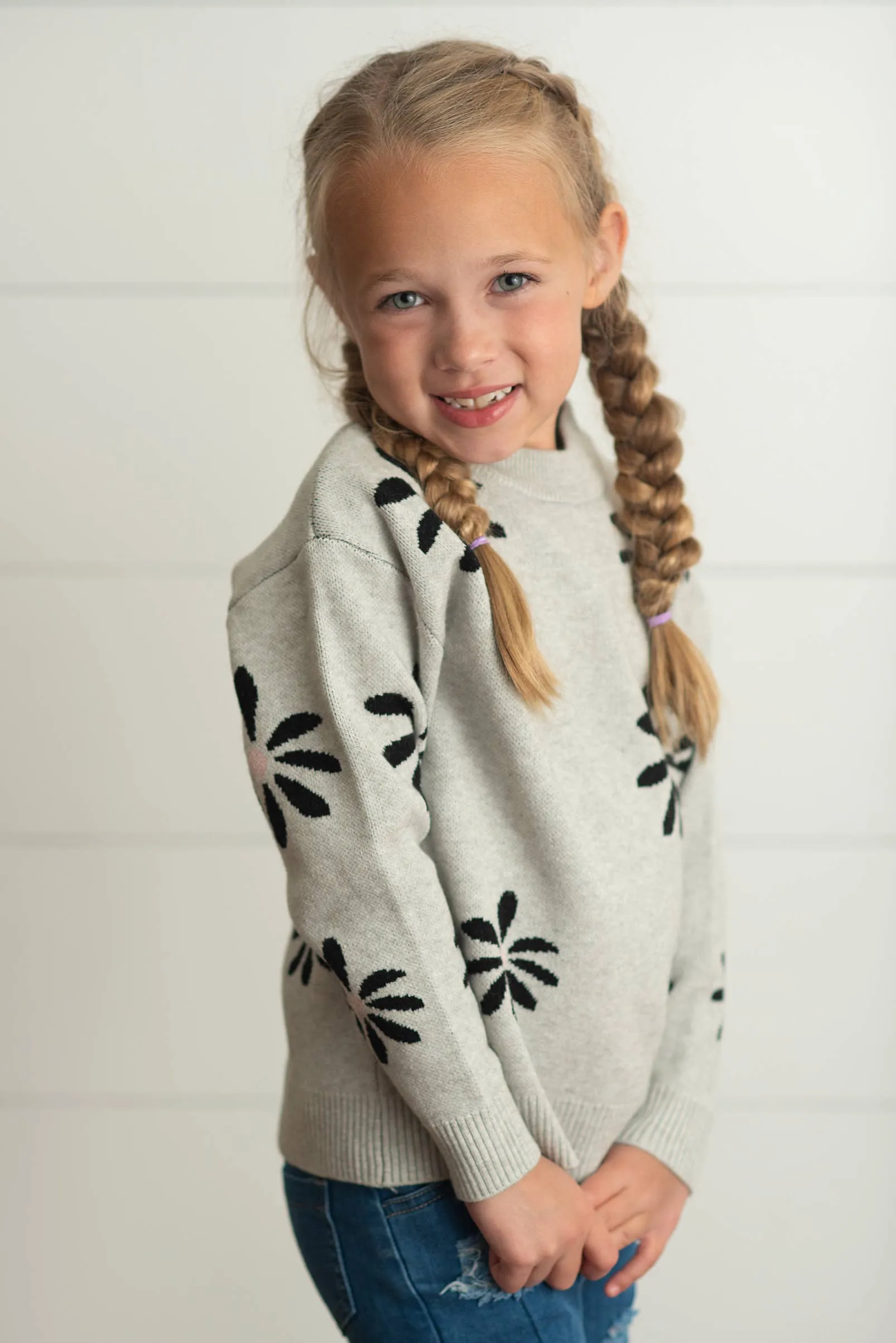 OOP Light Gray Flower Crew Neck Sweater