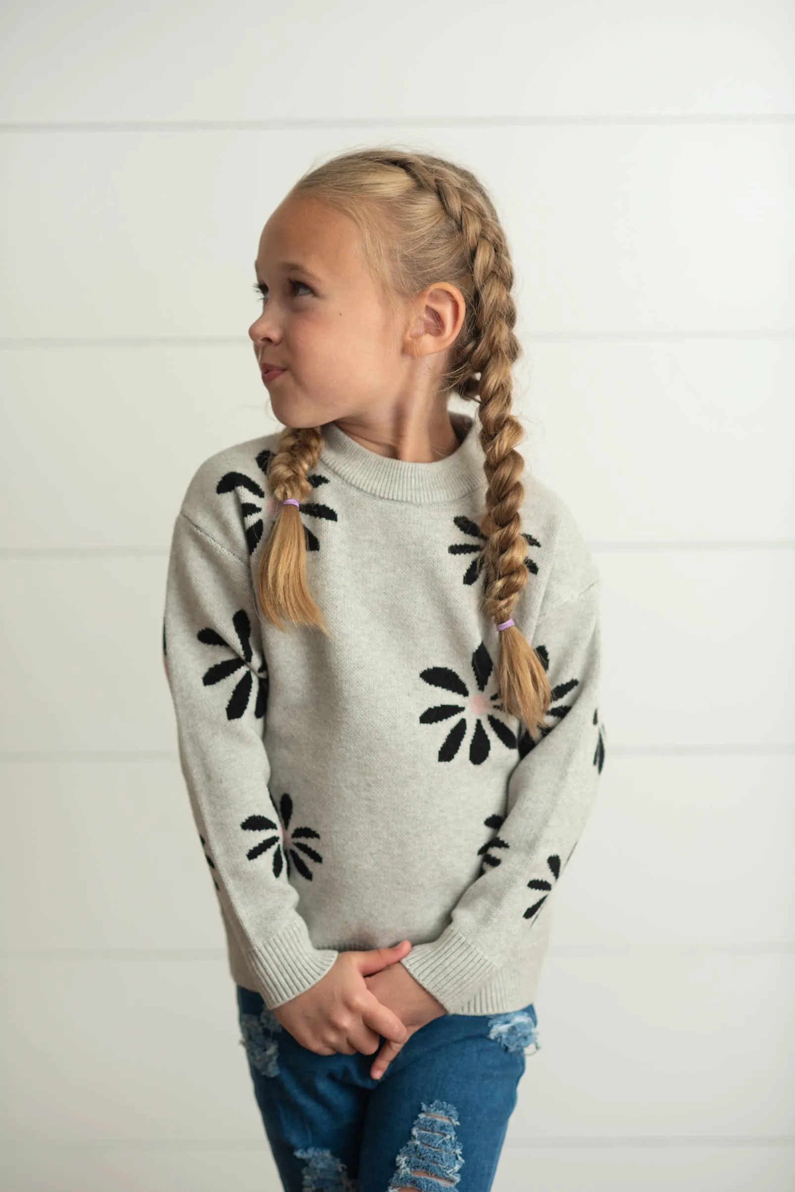 OOP Light Gray Flower Crew Neck Sweater