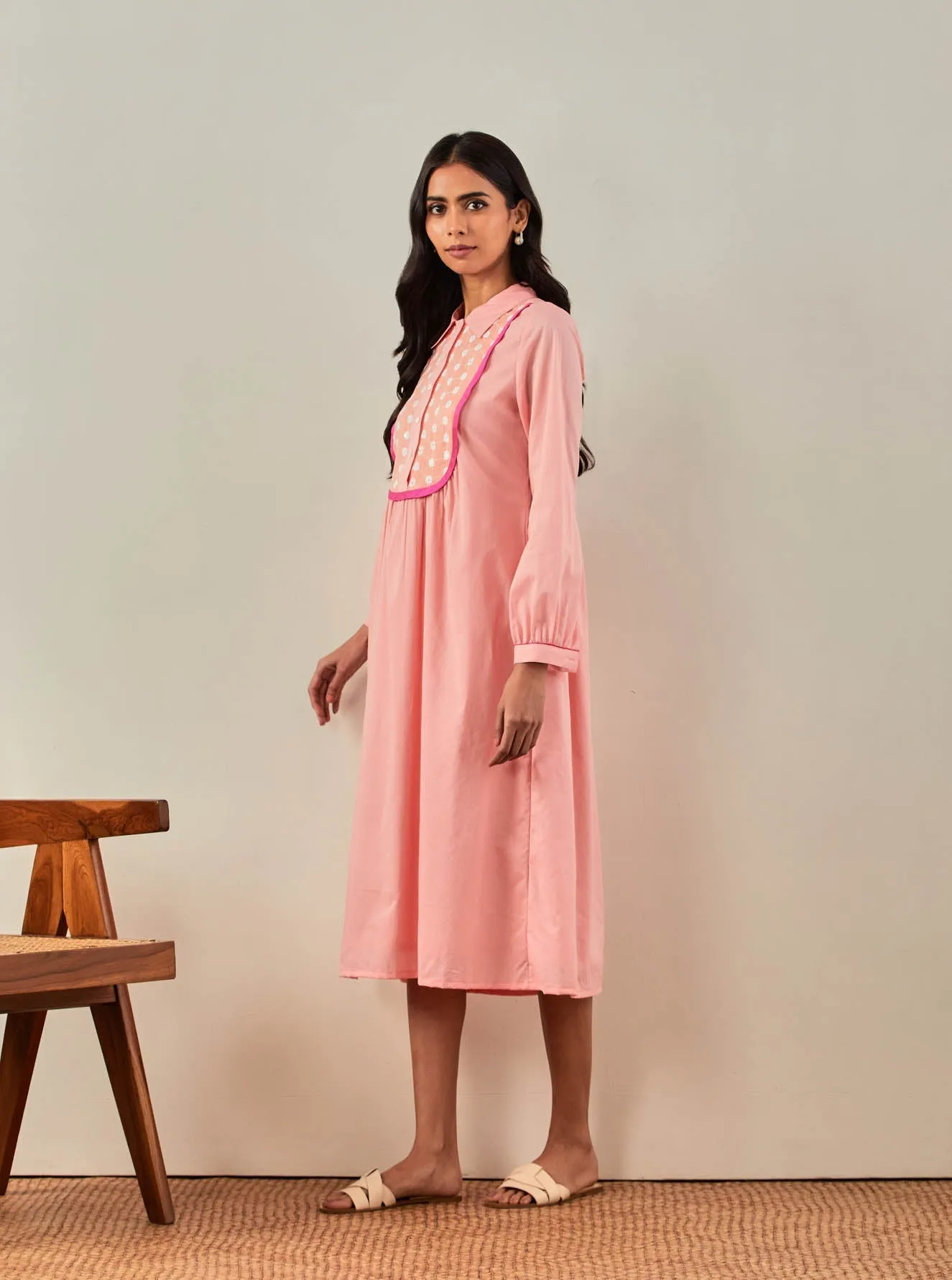Peach Plain Zaid Collared Long Dress With Chikankari Yoke