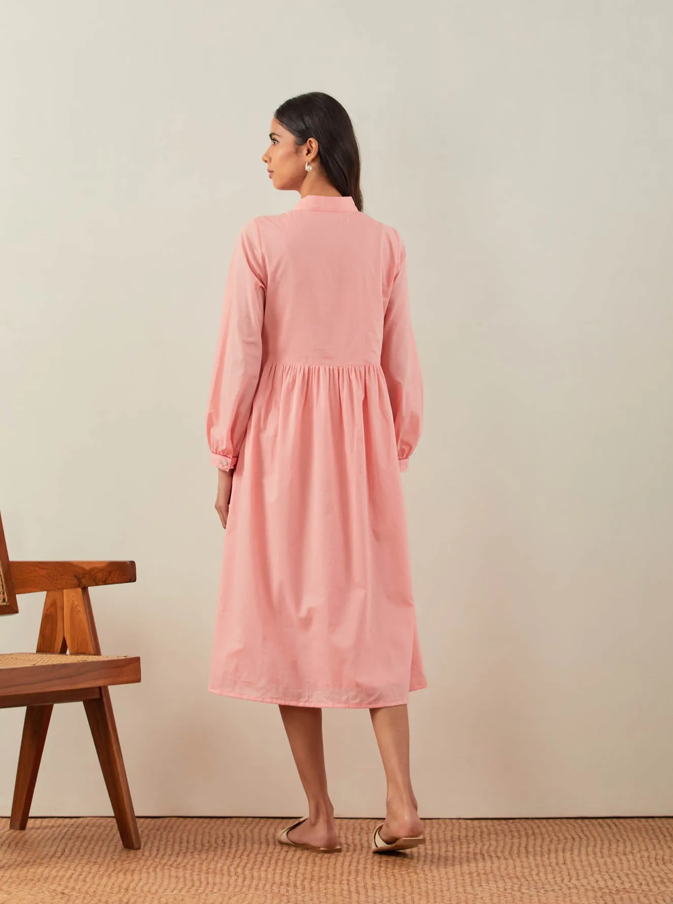 Peach Plain Zaid Collared Long Dress With Chikankari Yoke