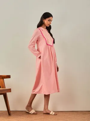 Peach Plain Zaid Collared Long Dress With Chikankari Yoke