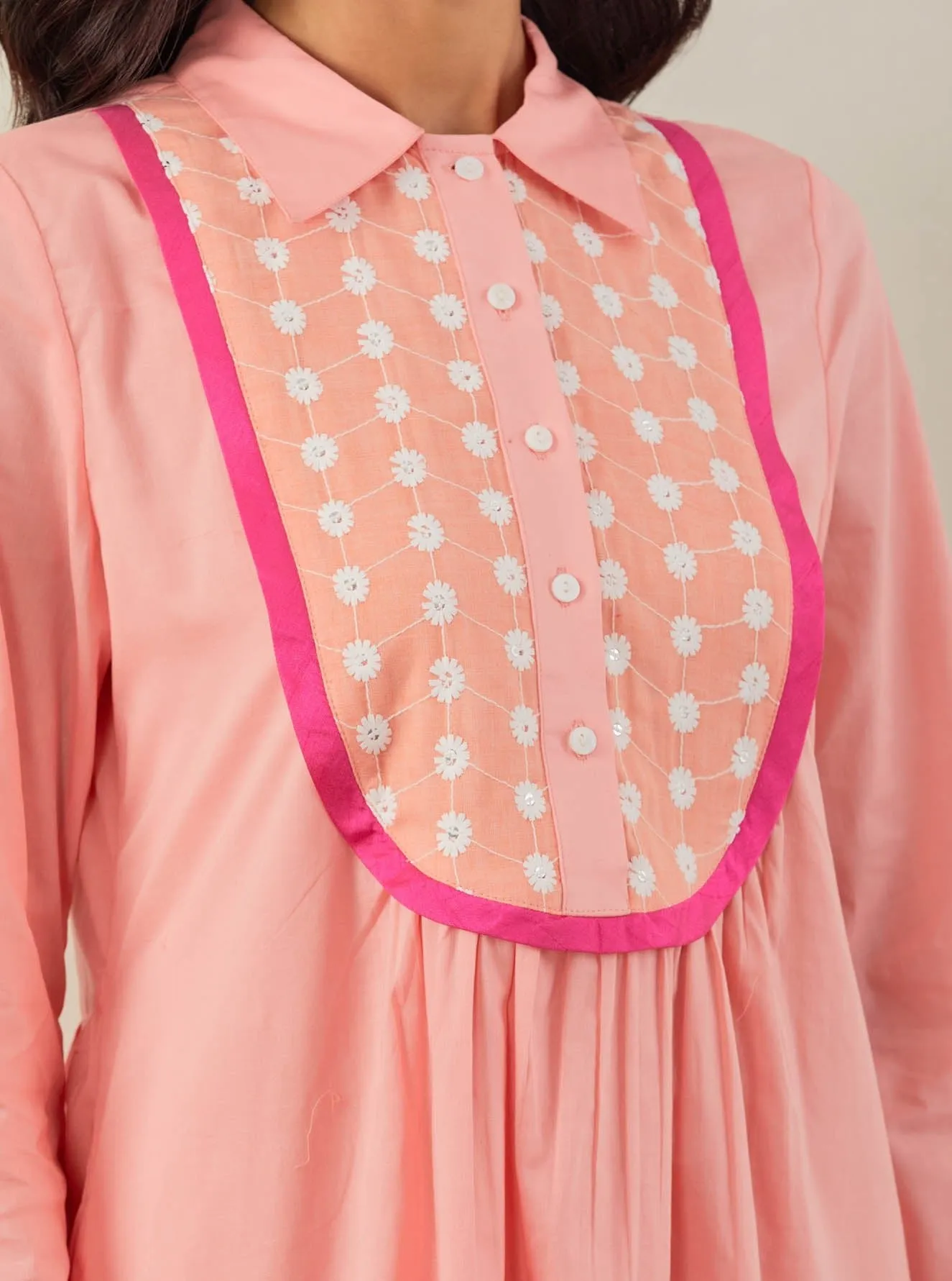 Peach Plain Zaid Collared Long Dress With Chikankari Yoke