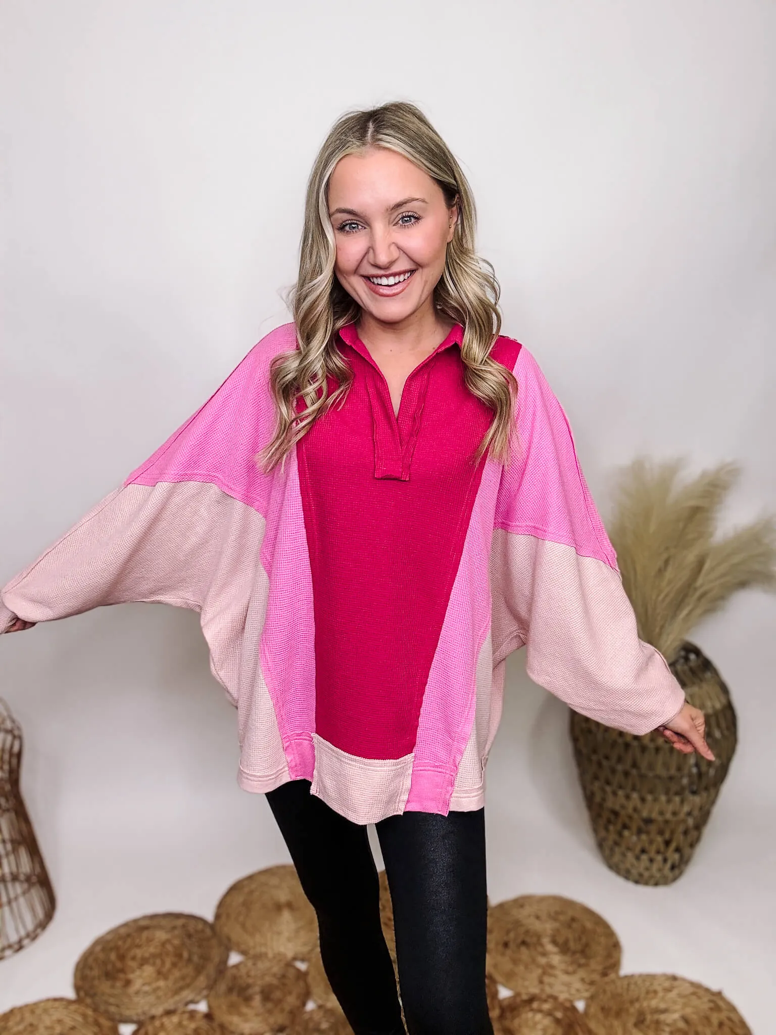 Pink Colorblock Lightweight Thermal Oversized Long Sleeve Top