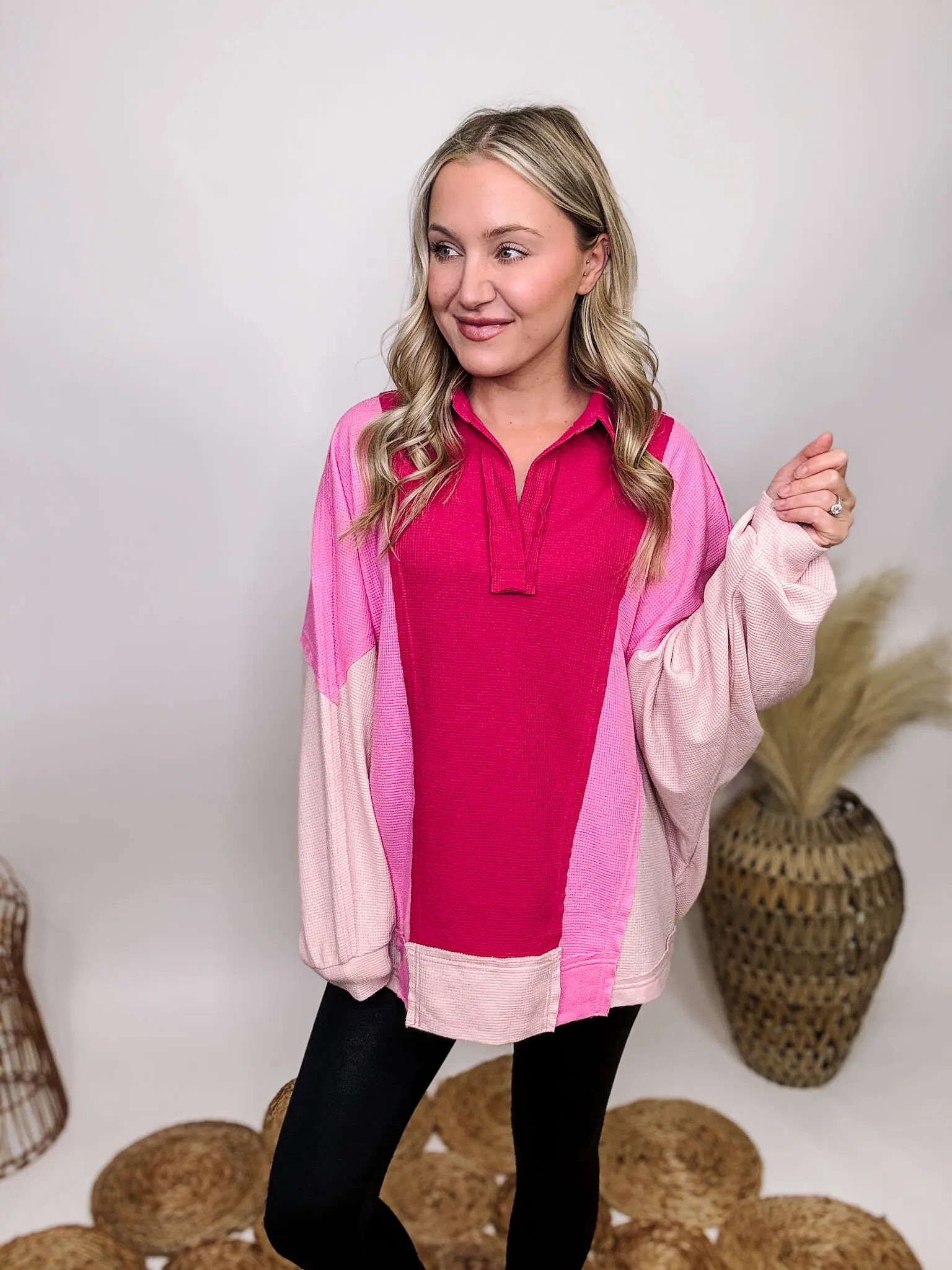 Pink Colorblock Lightweight Thermal Oversized Long Sleeve Top