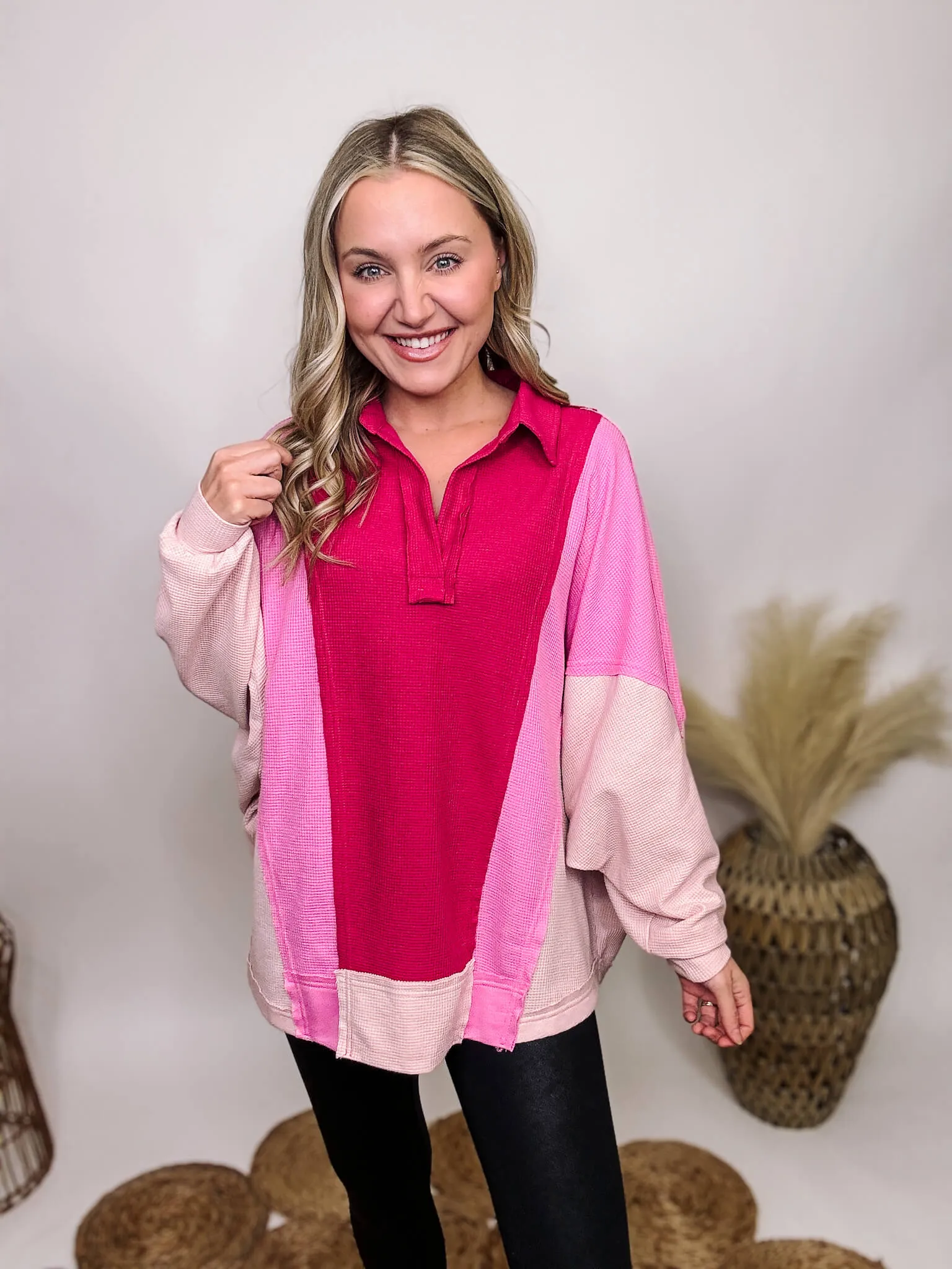 Pink Colorblock Lightweight Thermal Oversized Long Sleeve Top
