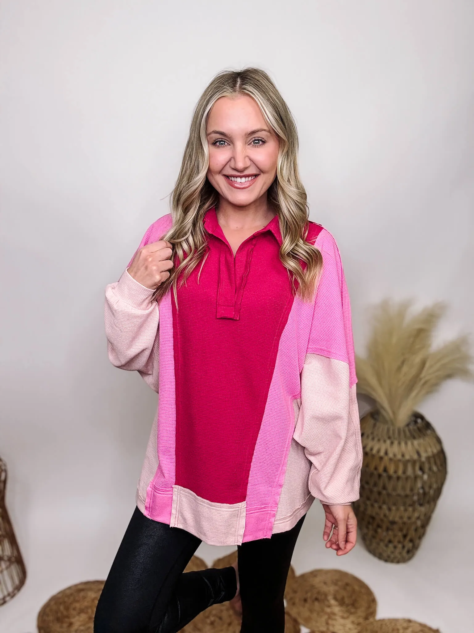 Pink Colorblock Lightweight Thermal Oversized Long Sleeve Top