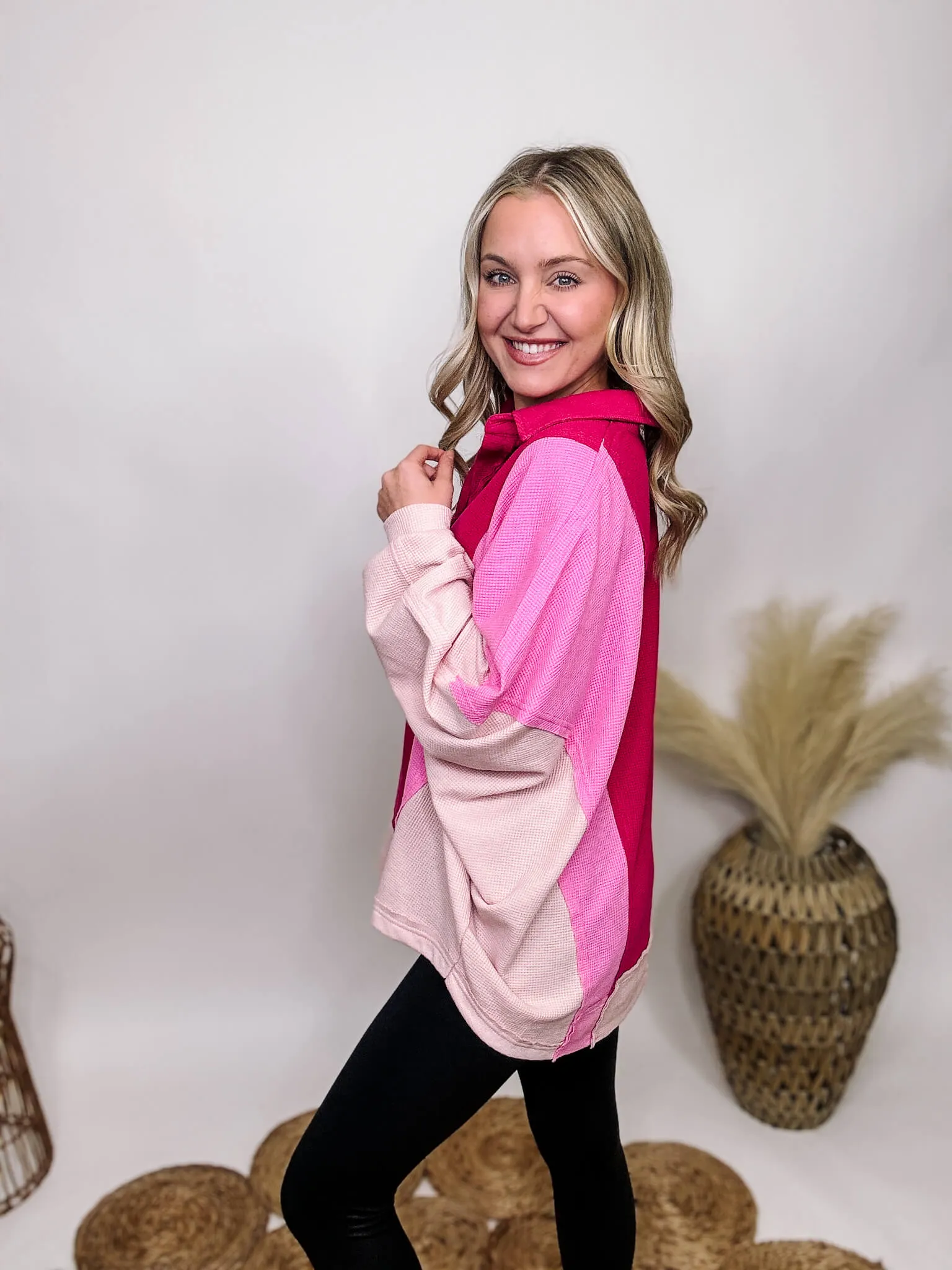 Pink Colorblock Lightweight Thermal Oversized Long Sleeve Top