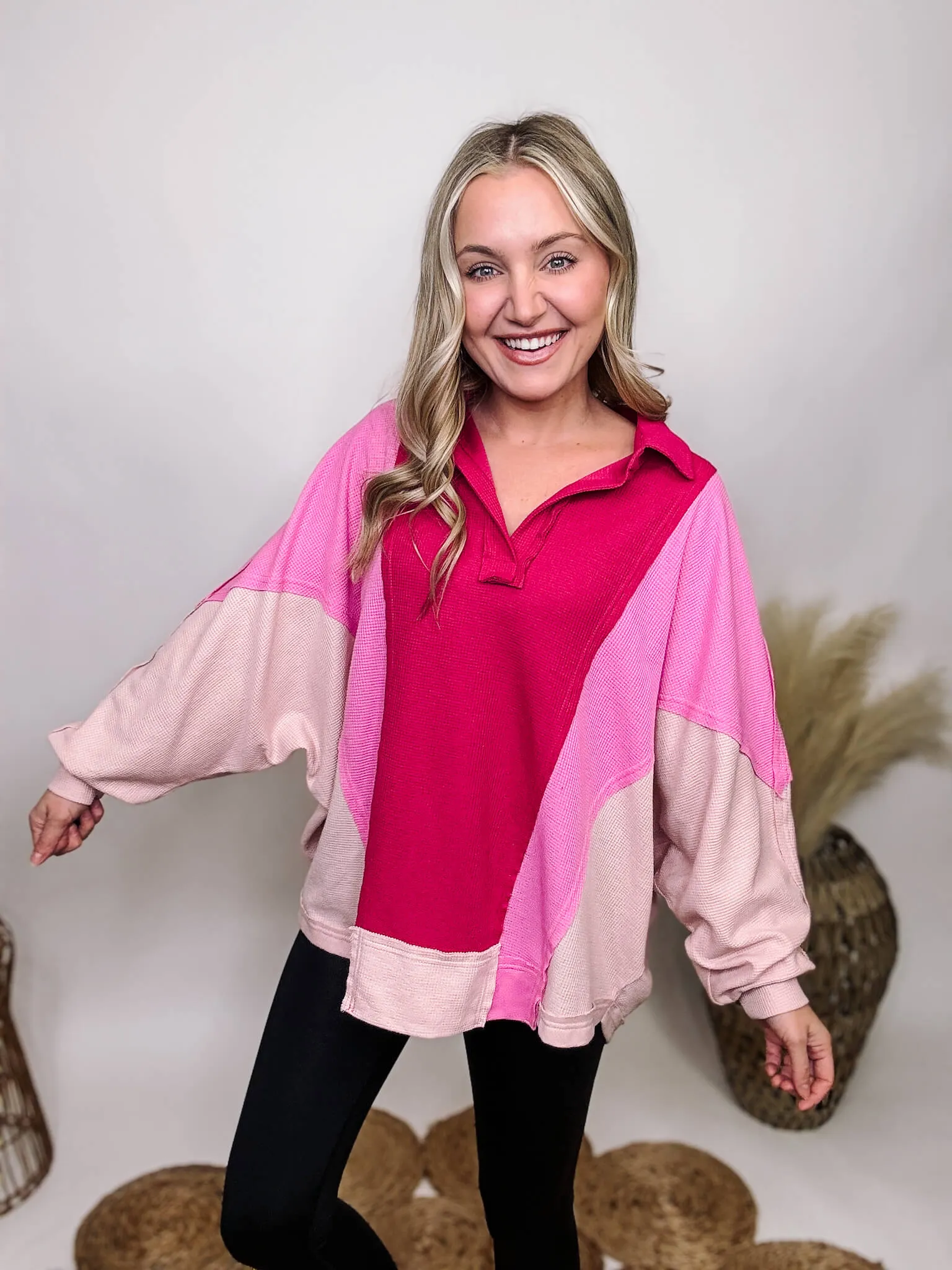 Pink Colorblock Lightweight Thermal Oversized Long Sleeve Top