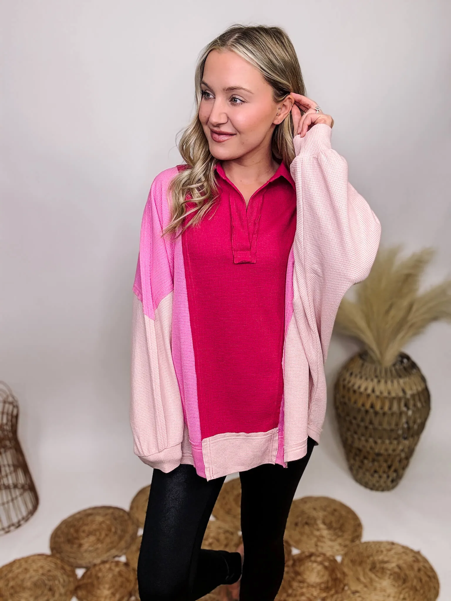 Pink Colorblock Lightweight Thermal Oversized Long Sleeve Top
