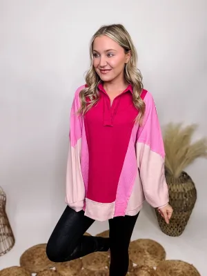 Pink Colorblock Lightweight Thermal Oversized Long Sleeve Top
