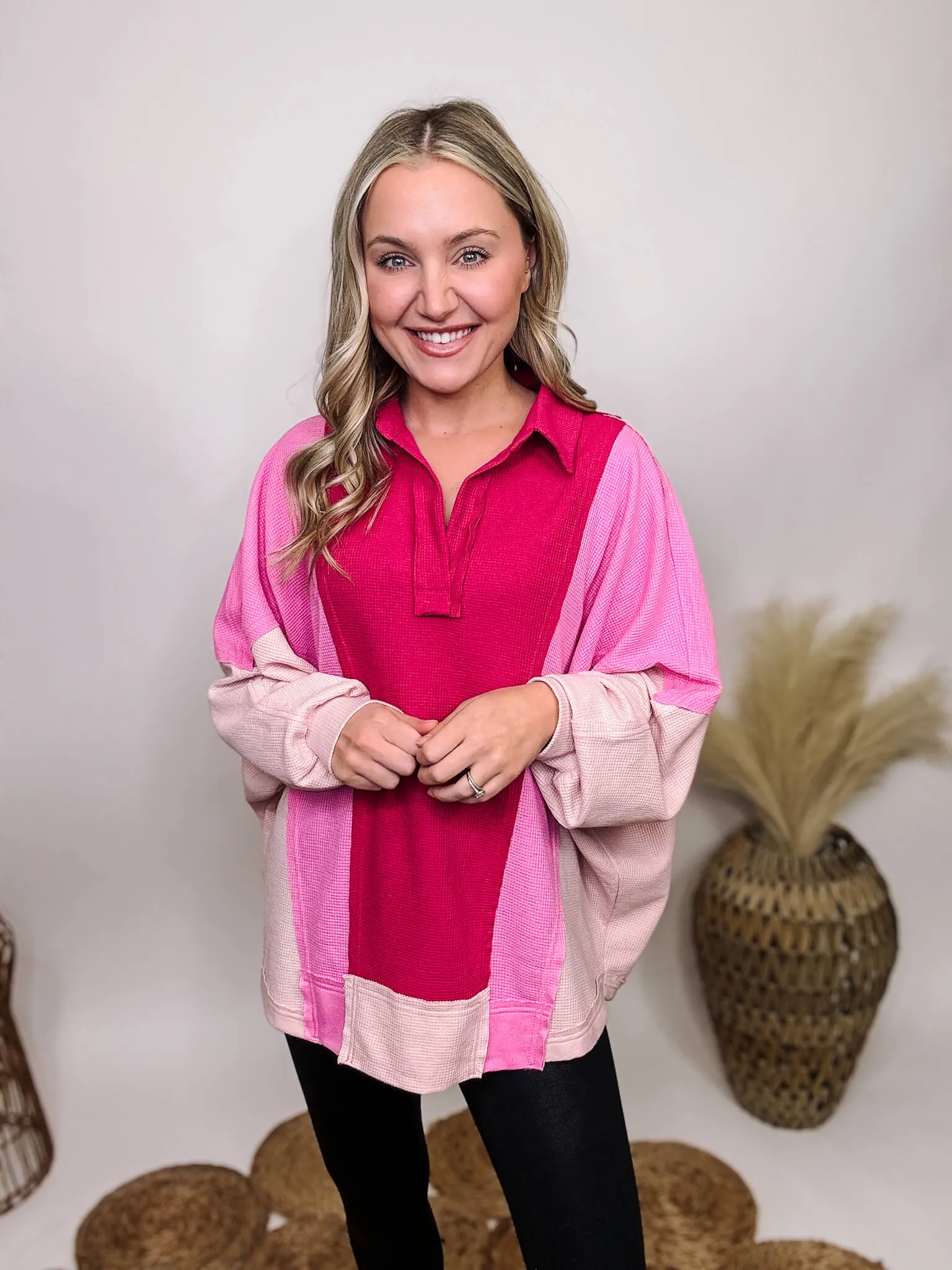 Pink Colorblock Lightweight Thermal Oversized Long Sleeve Top
