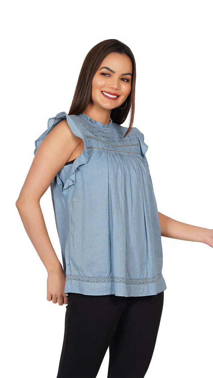Ruffles Shoulder Top | Sleeveless Stand Collar Slim Fit Frilled Blue
