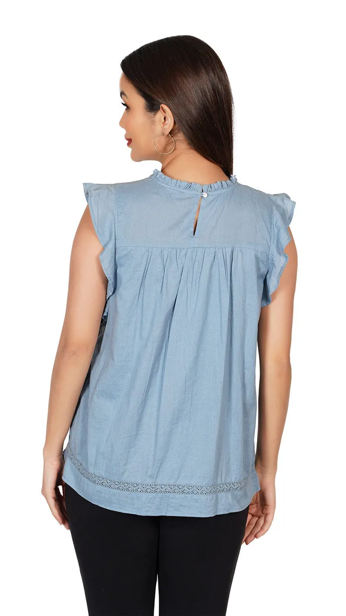 Ruffles Shoulder Top | Sleeveless Stand Collar Slim Fit Frilled Blue