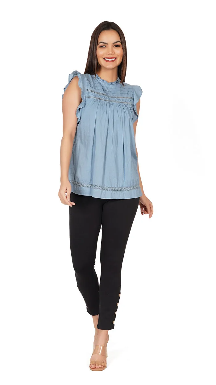 Ruffles Shoulder Top | Sleeveless Stand Collar Slim Fit Frilled Blue
