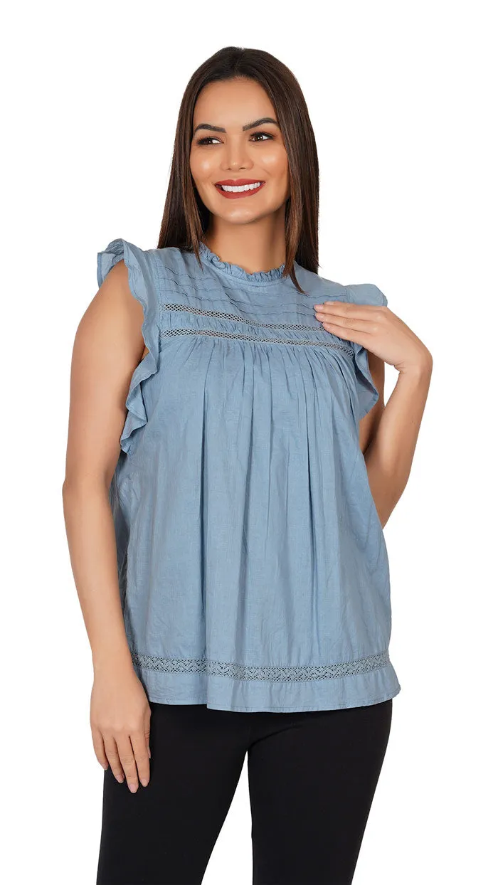 Ruffles Shoulder Top | Sleeveless Stand Collar Slim Fit Frilled Blue