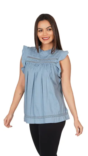 Ruffles Shoulder Top | Sleeveless Stand Collar Slim Fit Frilled Blue
