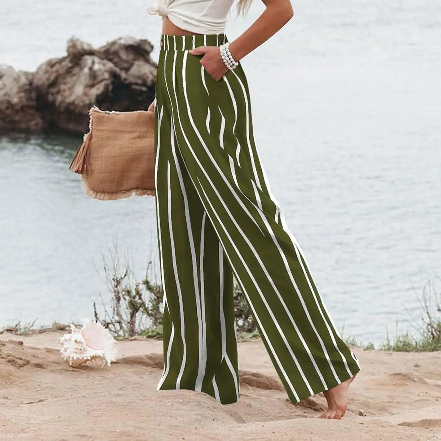 Striped Linen Pants Women Summer Casual Button Up Wide Leg Linen Pants Vintage Palazzo Lounge Pants with Pockets