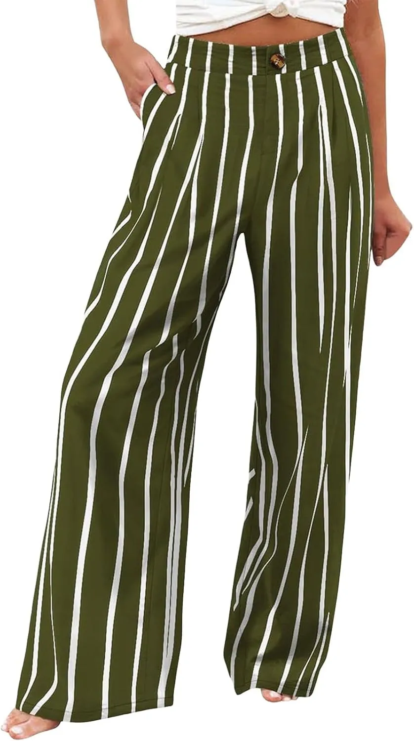 Striped Linen Pants Women Summer Casual Button Up Wide Leg Linen Pants Vintage Palazzo Lounge Pants with Pockets