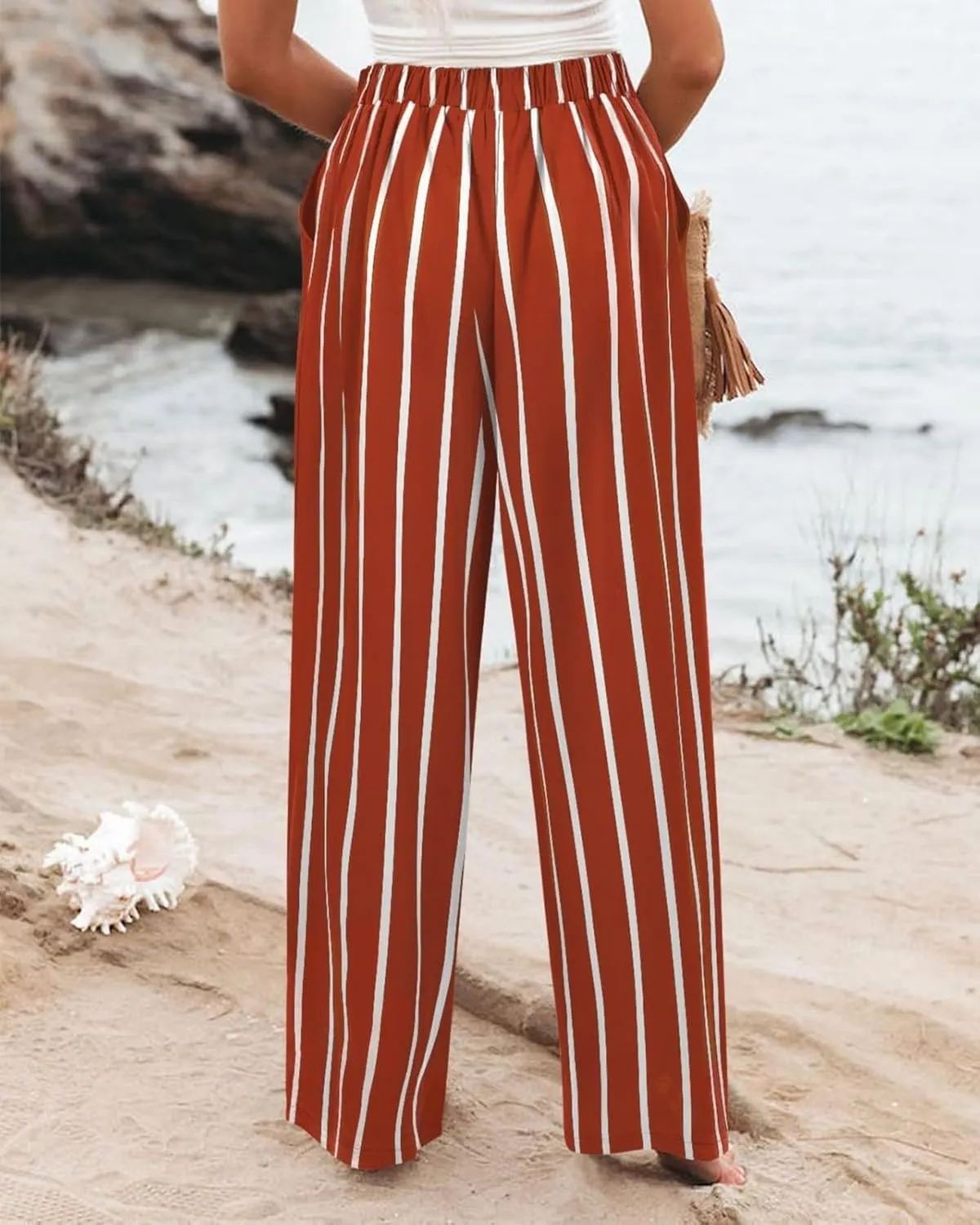 Striped Linen Pants Women Summer Casual Button Up Wide Leg Linen Pants Vintage Palazzo Lounge Pants with Pockets