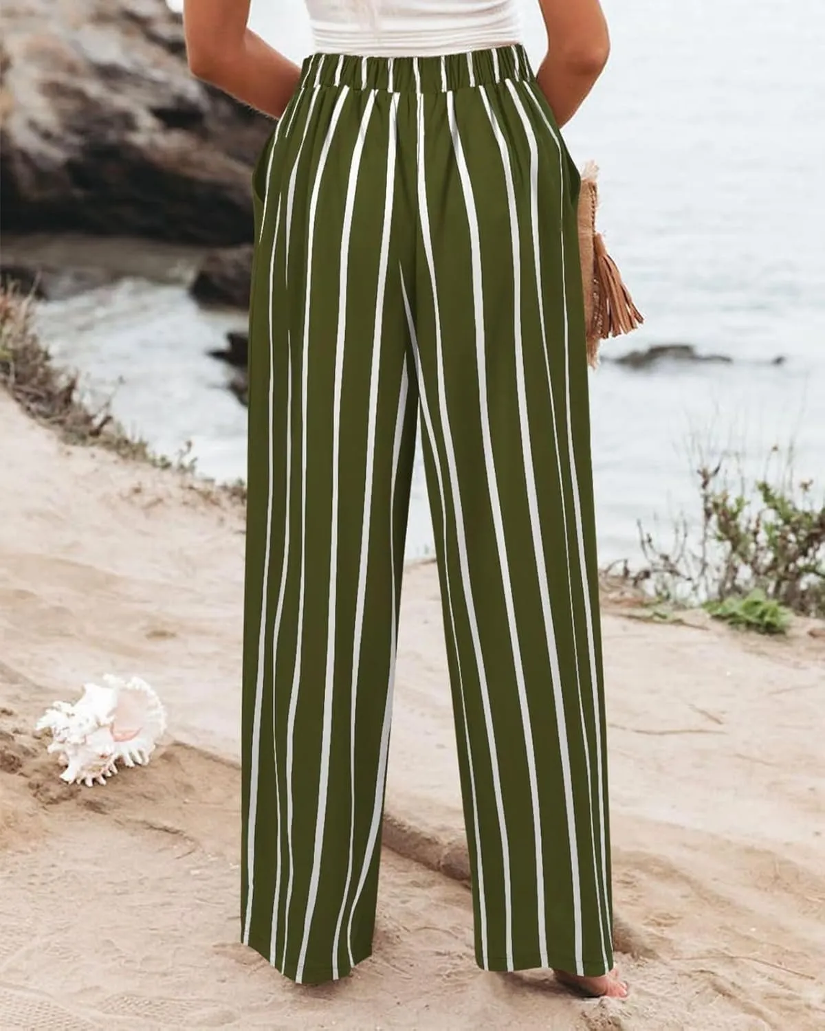 Striped Linen Pants Women Summer Casual Button Up Wide Leg Linen Pants Vintage Palazzo Lounge Pants with Pockets