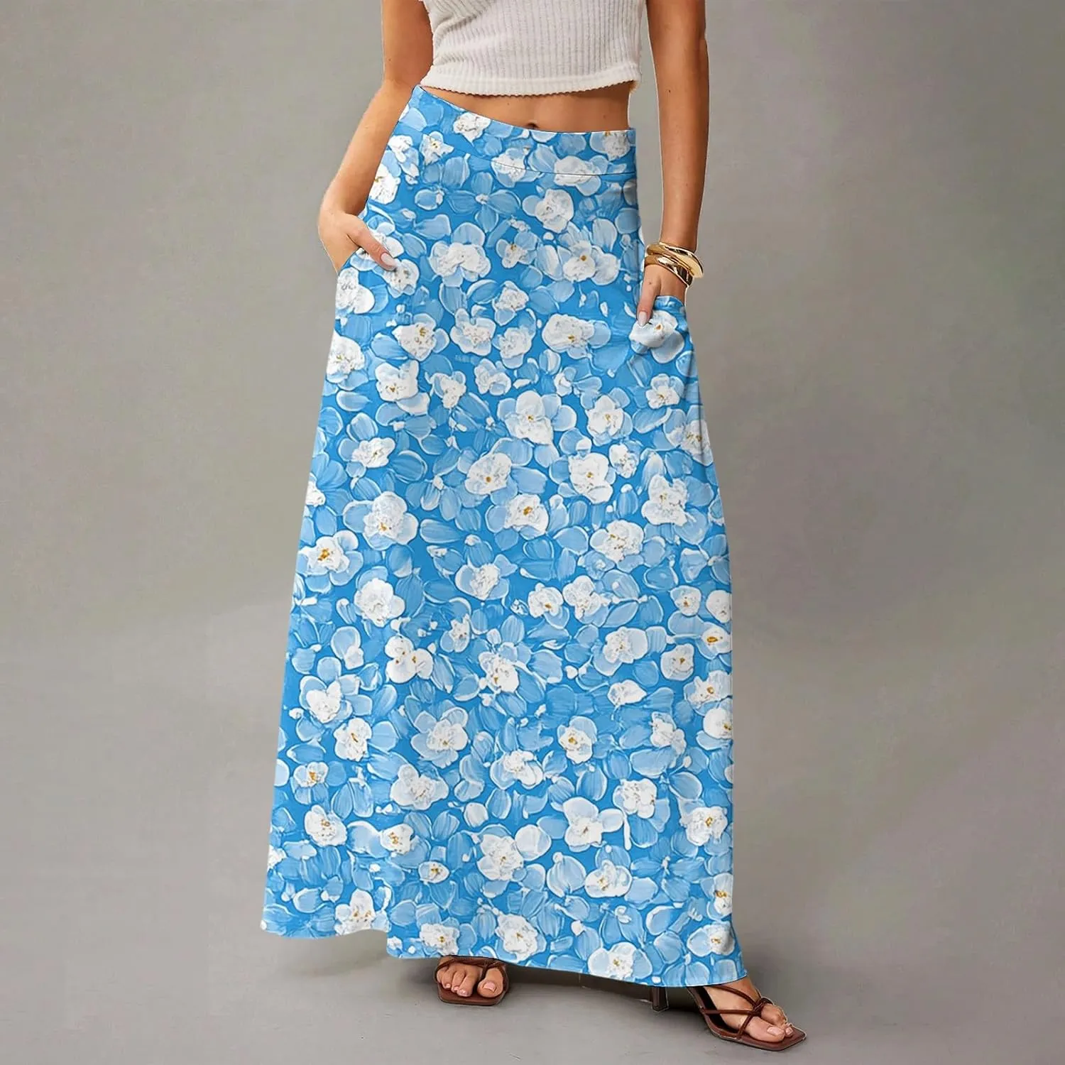 Summer Boho Floral Long Skirts for Women 2025 Casual Trendy A-Line Elastic High Waist Maxi Flowy Skirt with Pocket