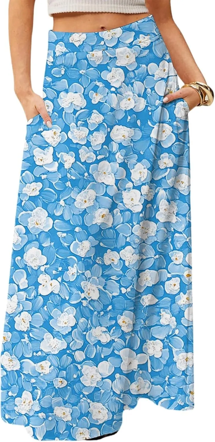 Summer Boho Floral Long Skirts for Women 2025 Casual Trendy A-Line Elastic High Waist Maxi Flowy Skirt with Pocket