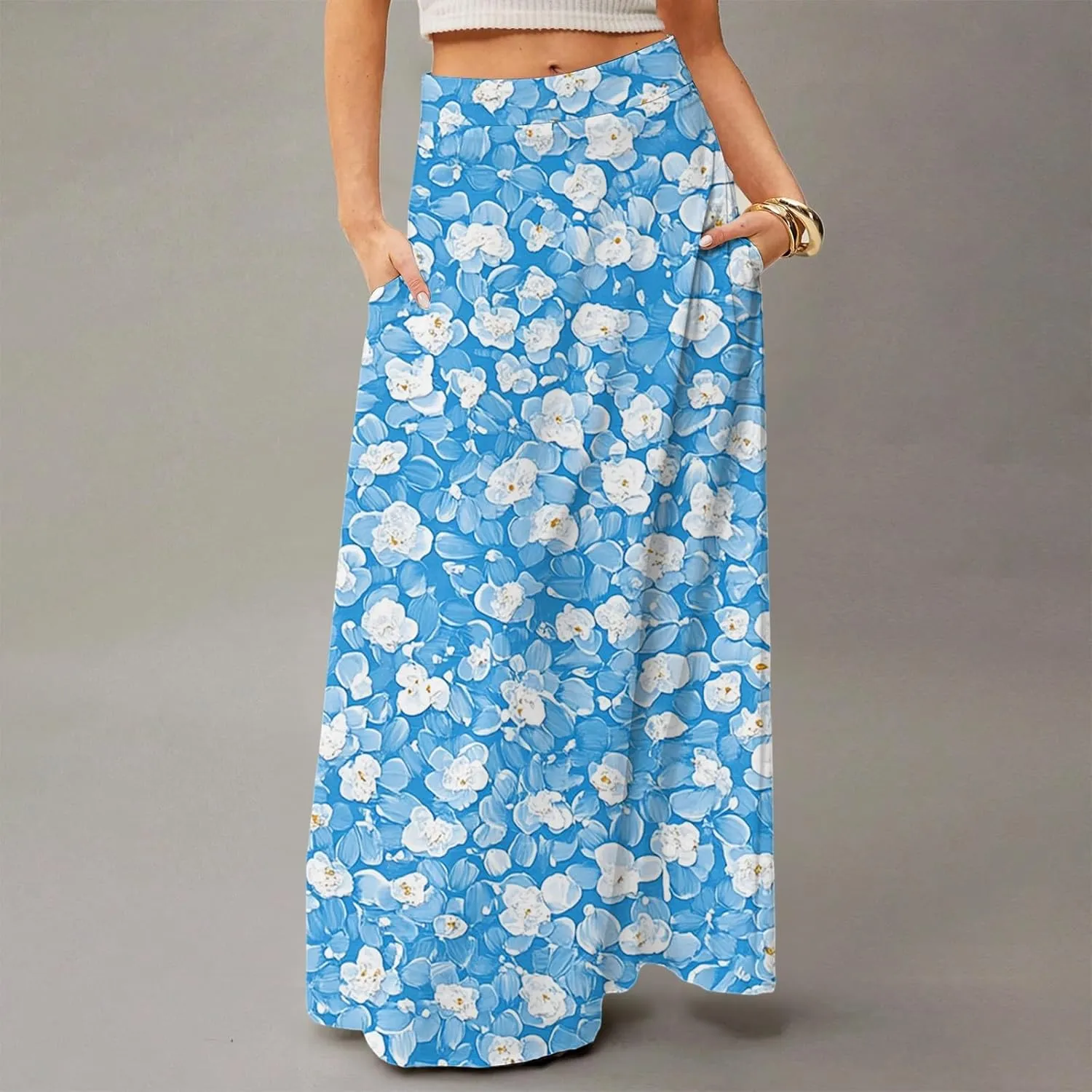Summer Boho Floral Long Skirts for Women 2025 Casual Trendy A-Line Elastic High Waist Maxi Flowy Skirt with Pocket