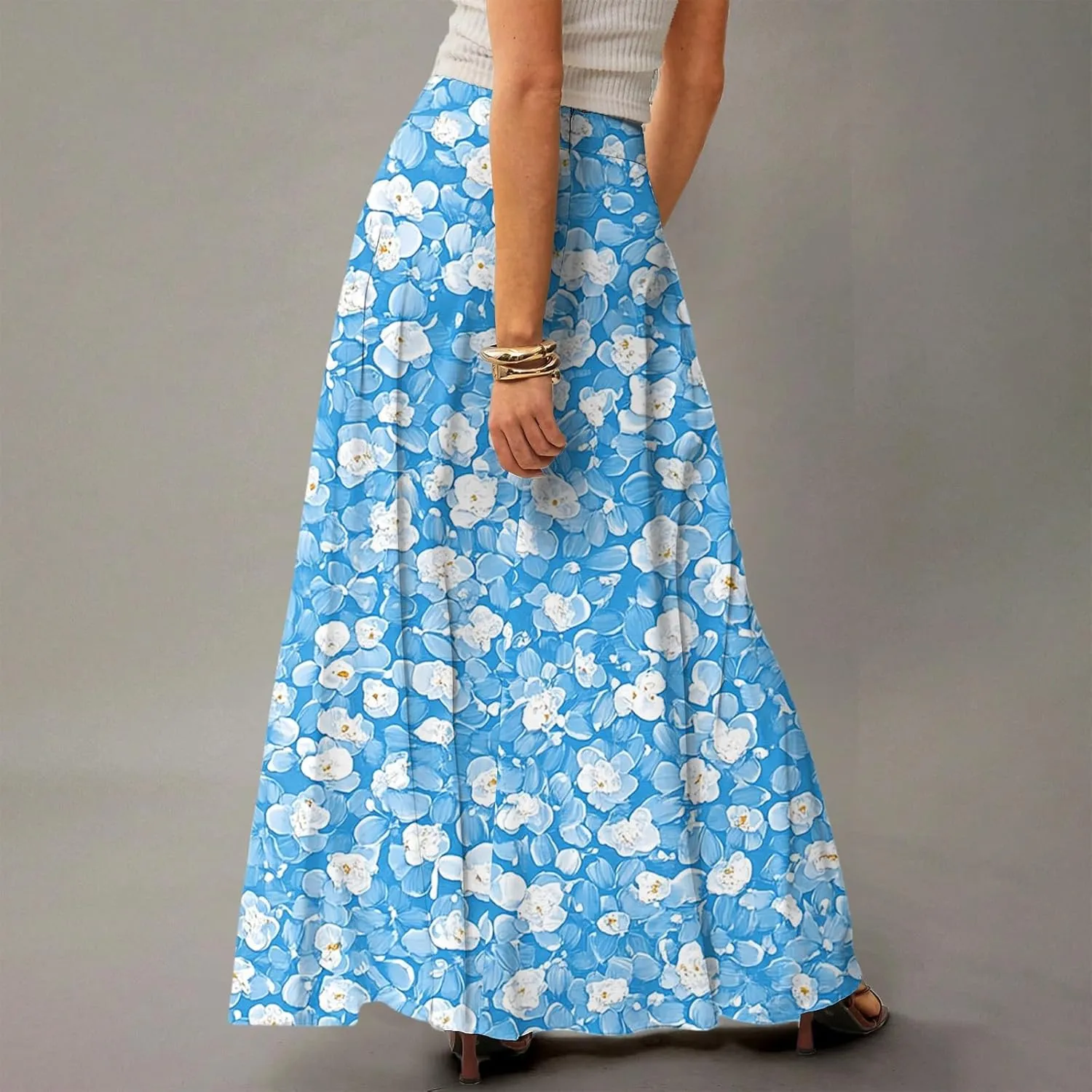 Summer Boho Floral Long Skirts for Women 2025 Casual Trendy A-Line Elastic High Waist Maxi Flowy Skirt with Pocket