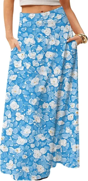 Summer Boho Floral Long Skirts for Women 2025 Casual Trendy A-Line Elastic High Waist Maxi Flowy Skirt with Pocket