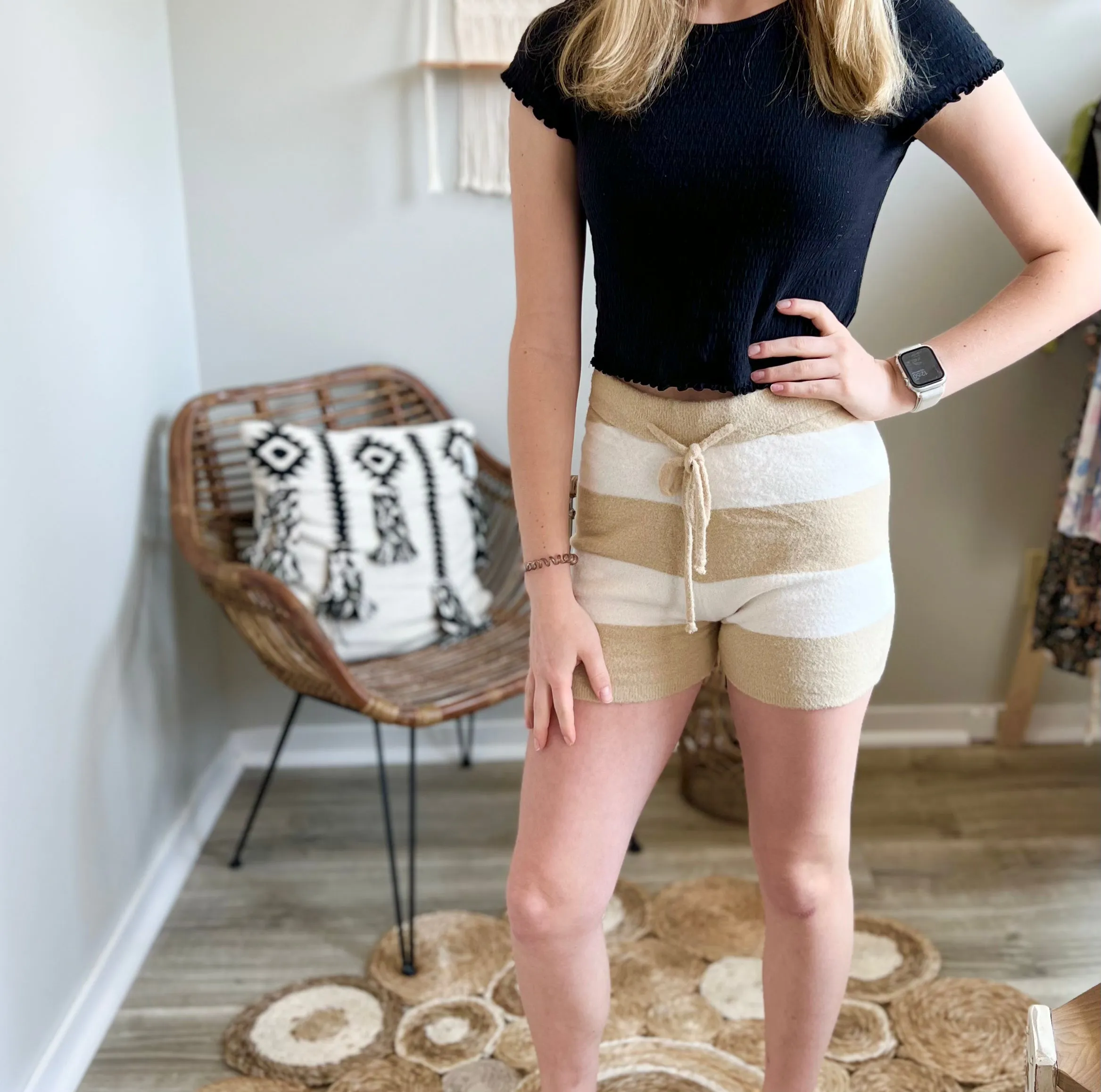 Tan and white striped shorts