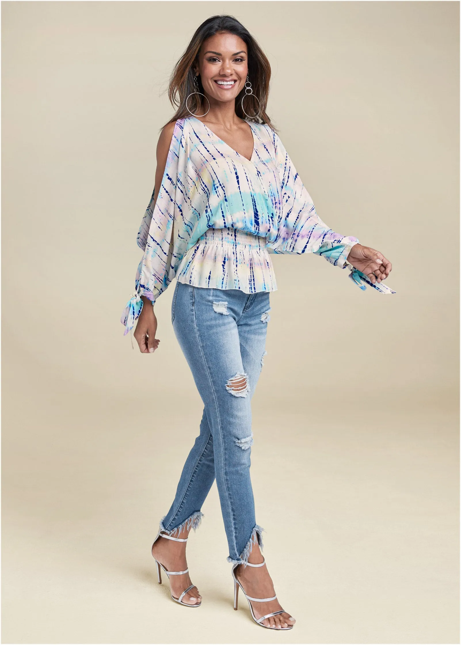Tie Dye Cold-Shoulder Top - Cream Multi