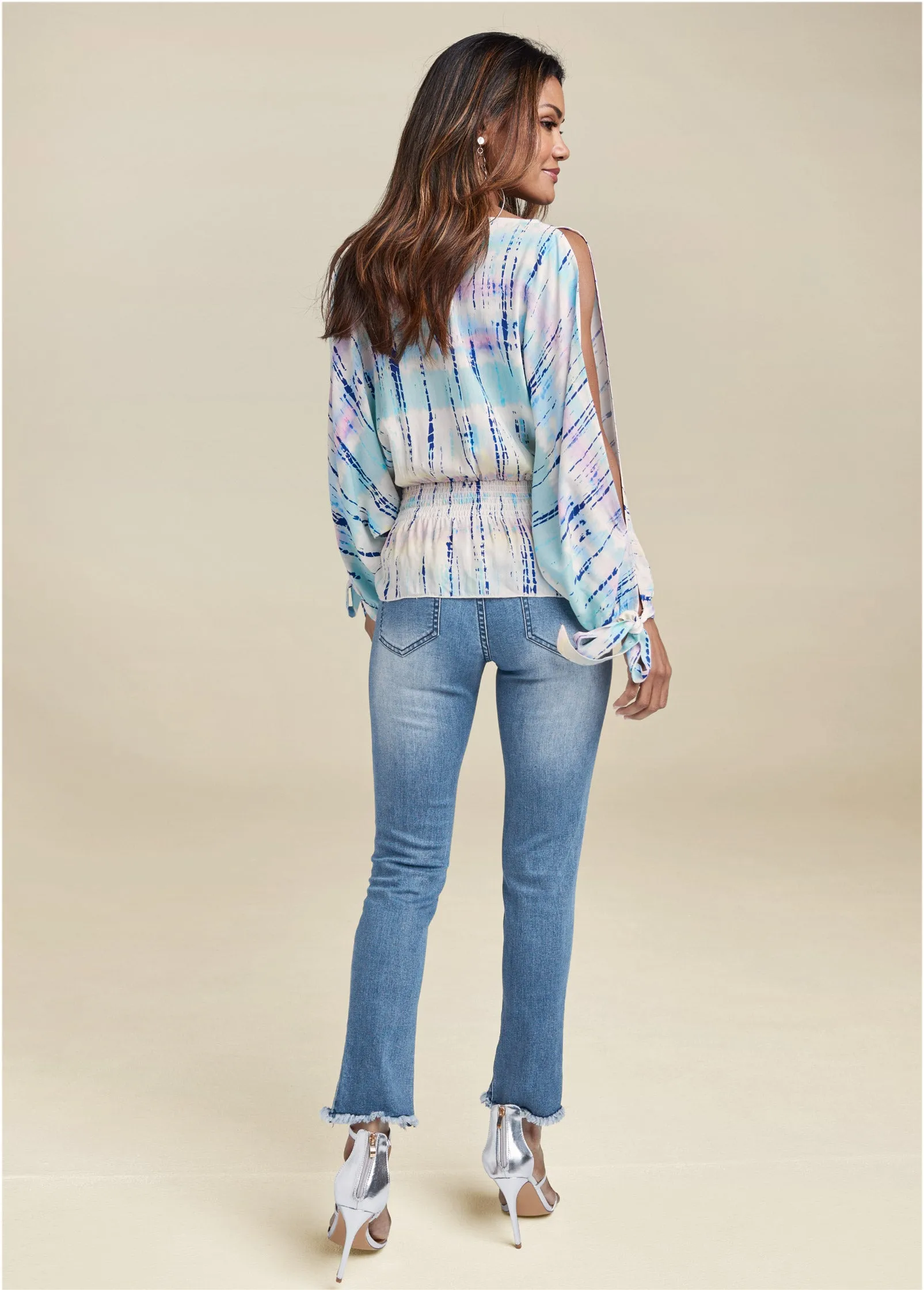 Tie Dye Cold-Shoulder Top - Cream Multi