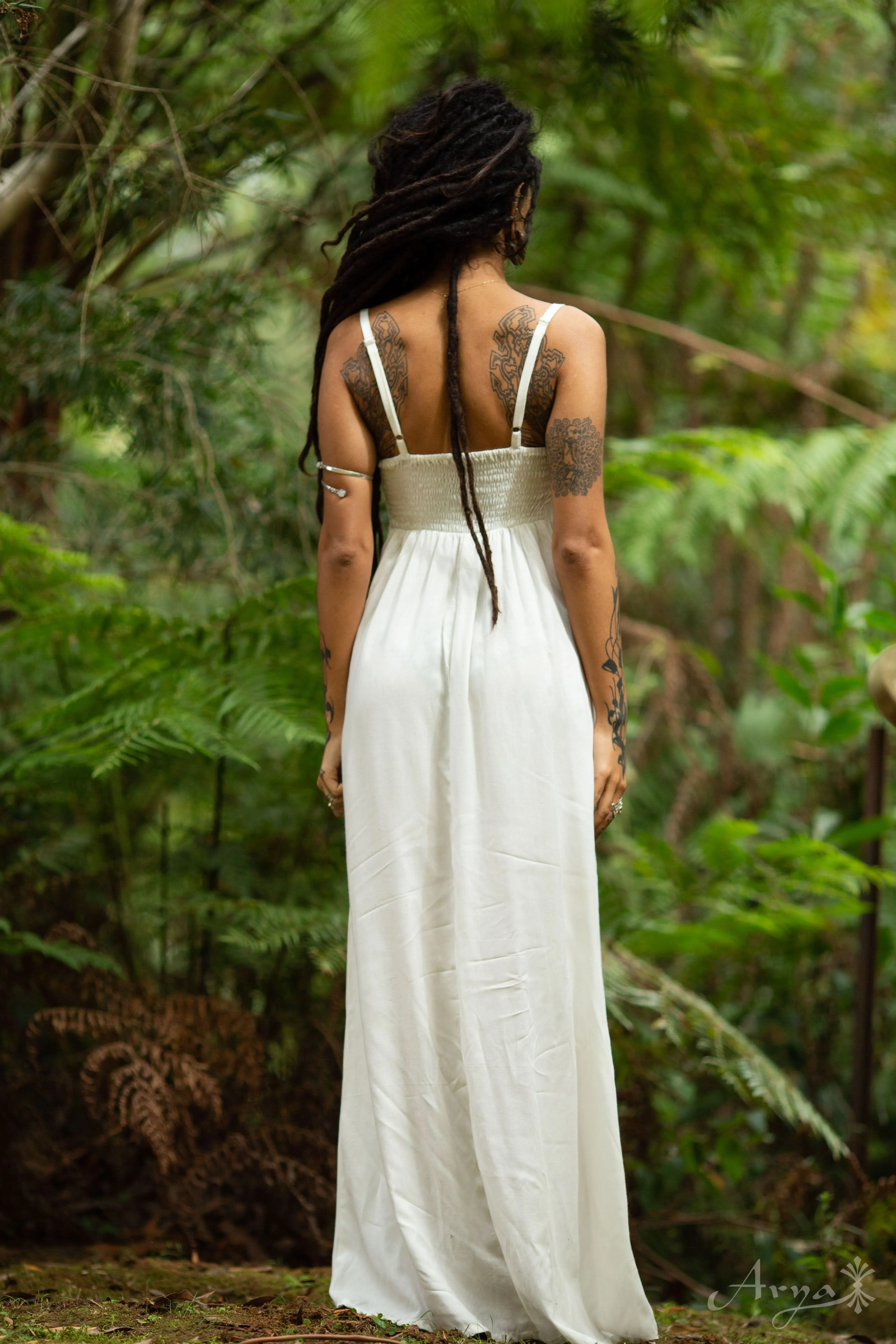 Traditional Linen Dress - White (Black Stitching)