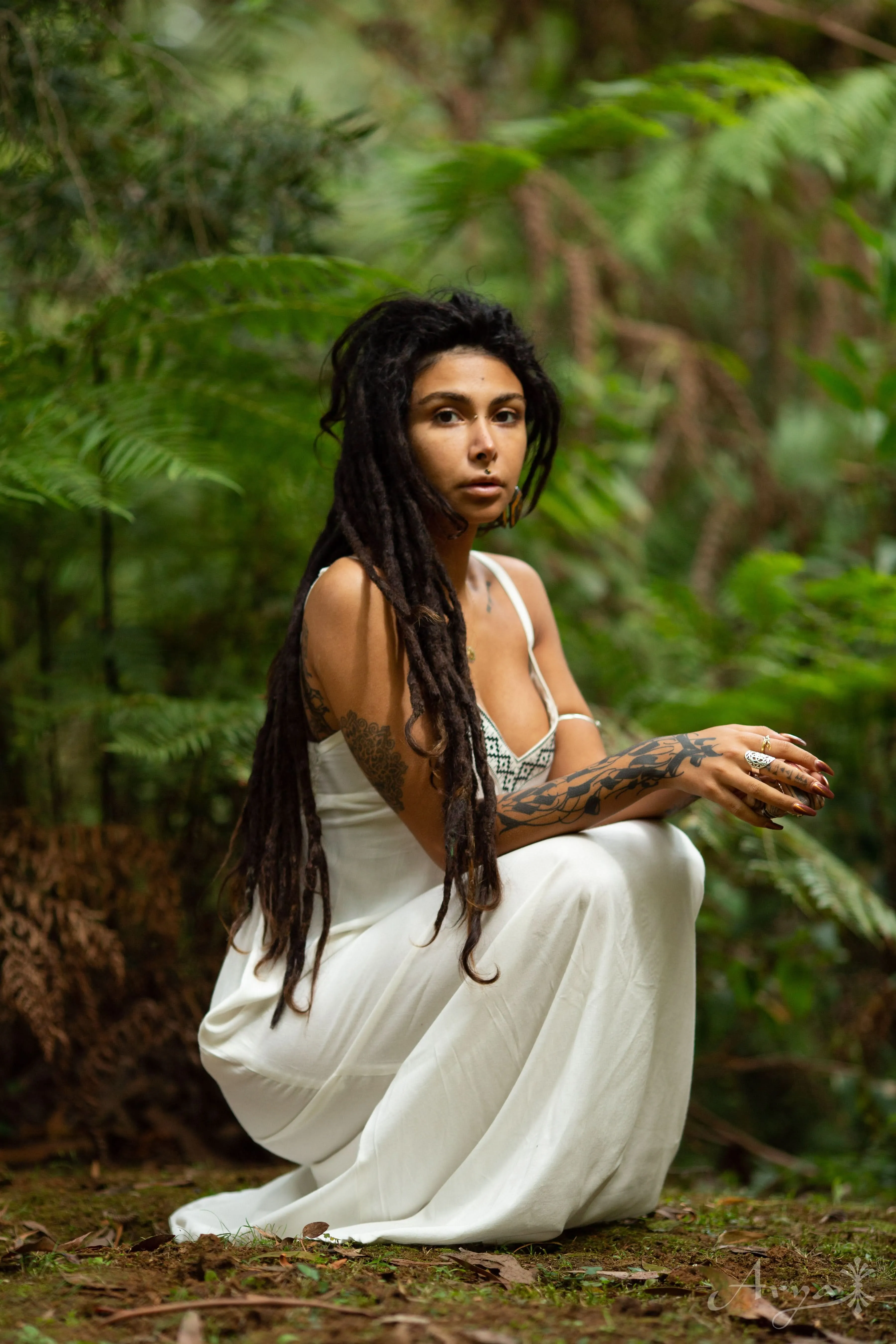 Traditional Linen Dress - White (Black Stitching)