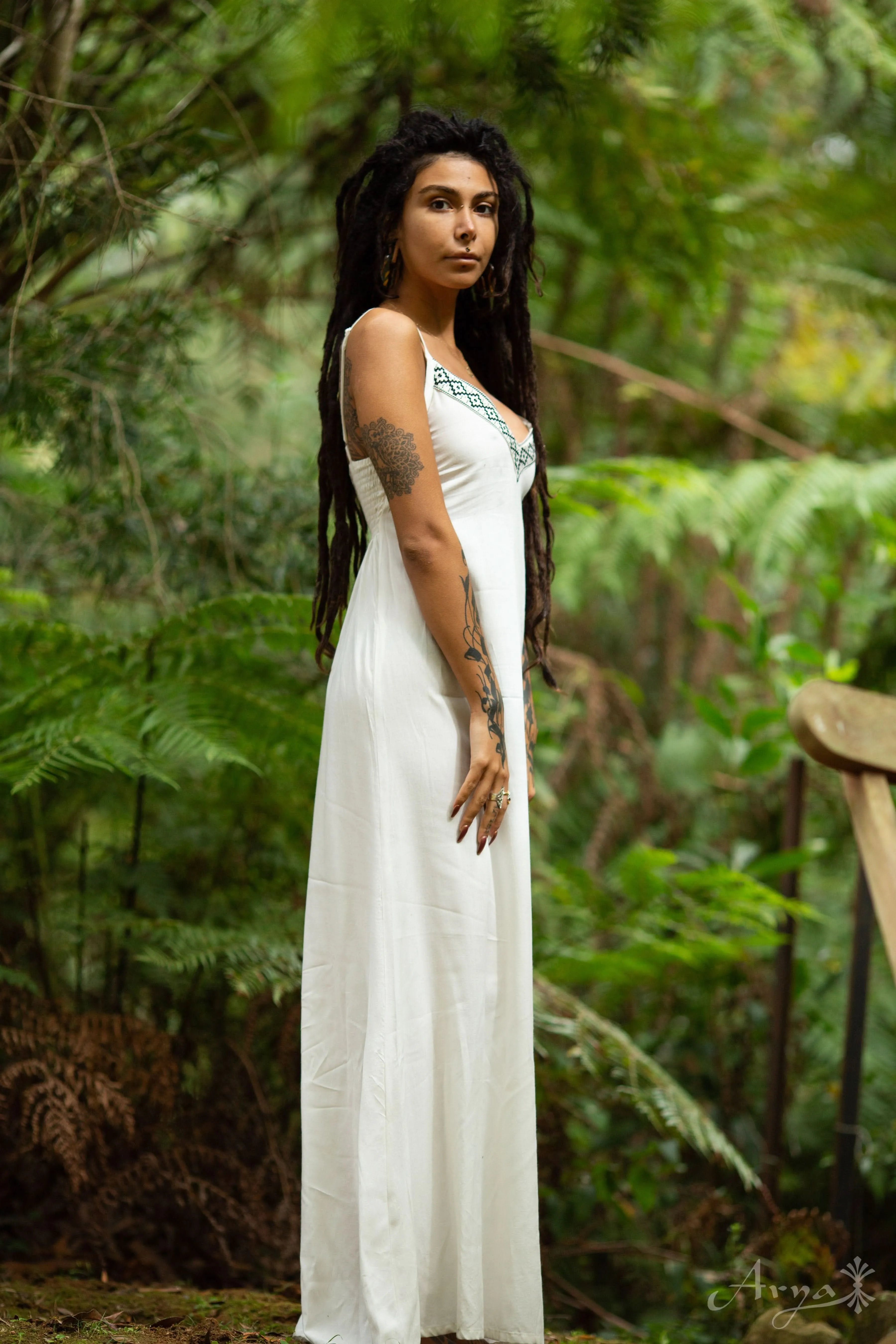 Traditional Linen Dress - White (Black Stitching)