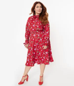 Unique Vintage Plus Size 1950s Red & Purple Floral Print Vandella Swing Dress