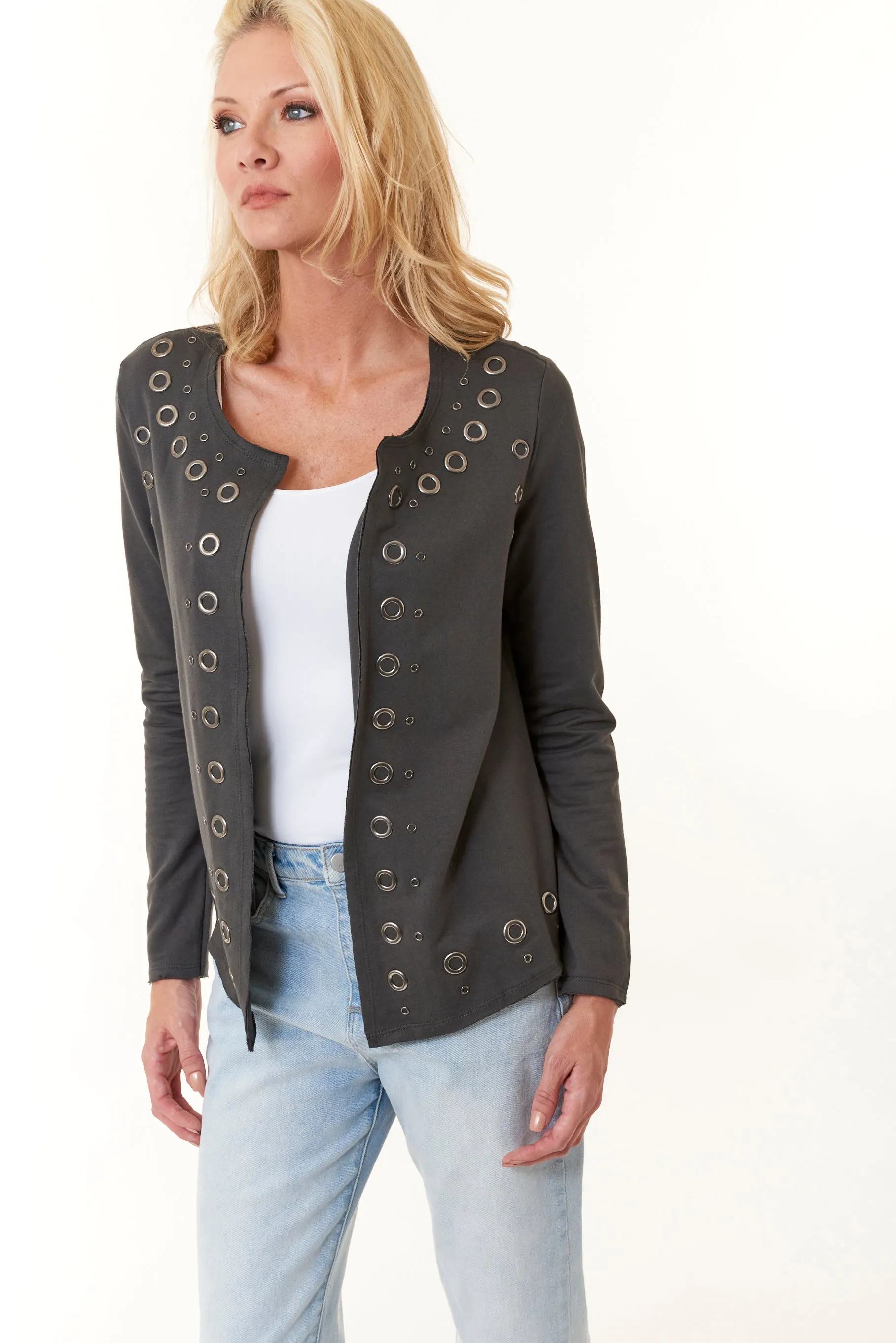 Vocal, cotton, Short Jacket with Grommets in charcoal