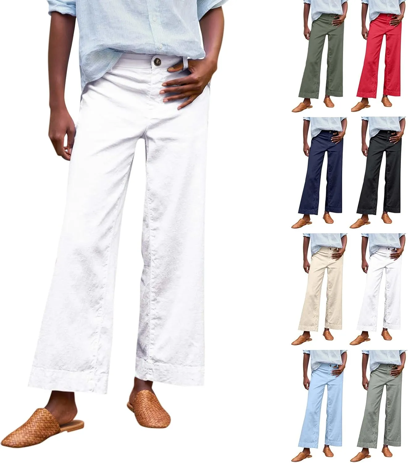 Wide Leg Linen Pants Women Cropped Elastic High Waisted Dress Pants Business Casual Comfy Work Pants with Pockets