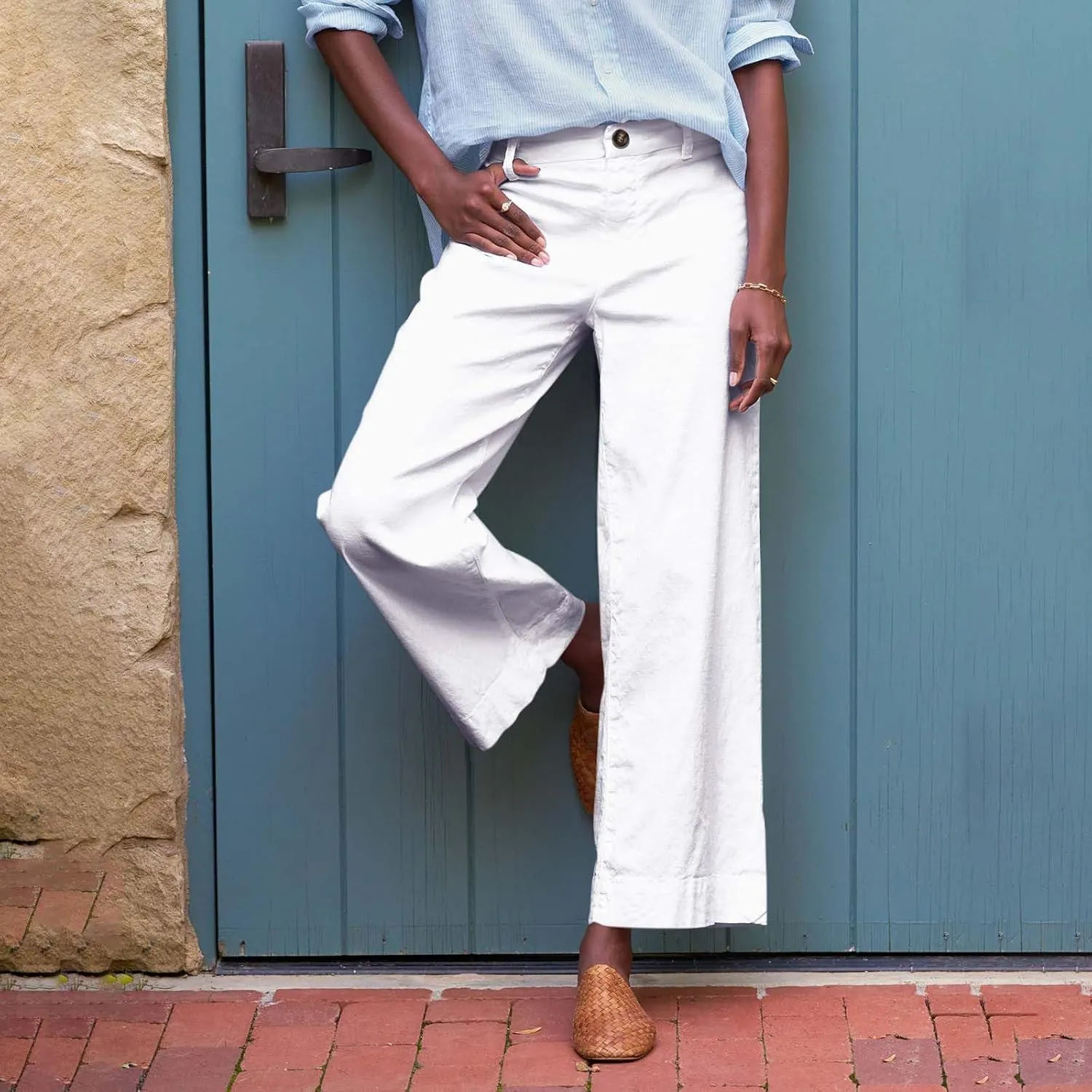 Wide Leg Linen Pants Women Cropped Elastic High Waisted Dress Pants Business Casual Comfy Work Pants with Pockets