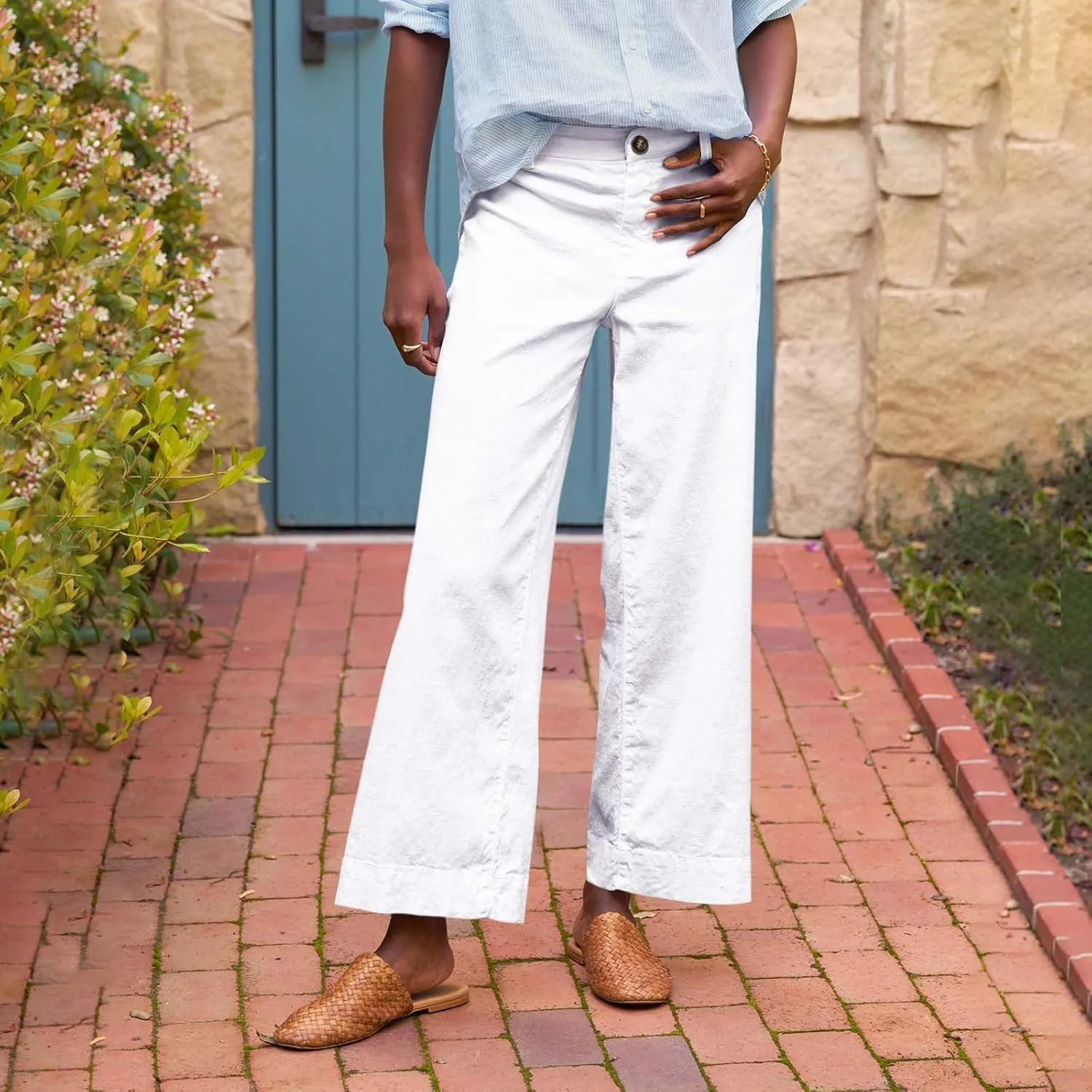 Wide Leg Linen Pants Women Cropped Elastic High Waisted Dress Pants Business Casual Comfy Work Pants with Pockets