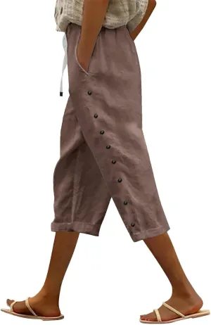 Womens Casual Linen High Waist Pants Elastic Seven Pants Beach Casual Cotton Linen Casual Summer 2025 Straight Wide Leg