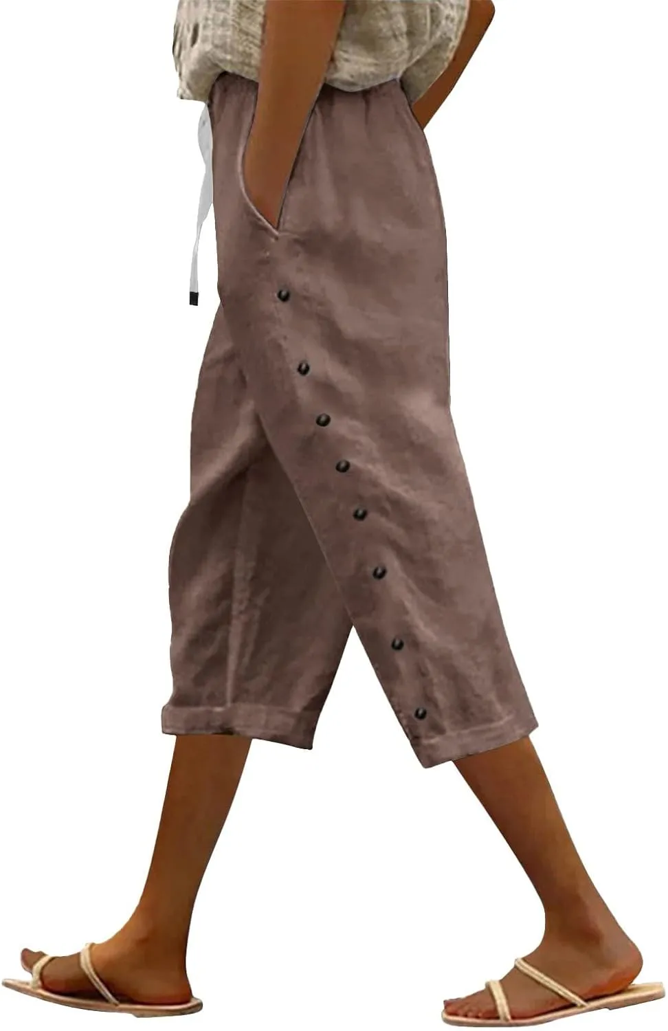 Womens Casual Linen High Waist Pants Elastic Seven Pants Beach Casual Cotton Linen Casual Summer 2025 Straight Wide Leg