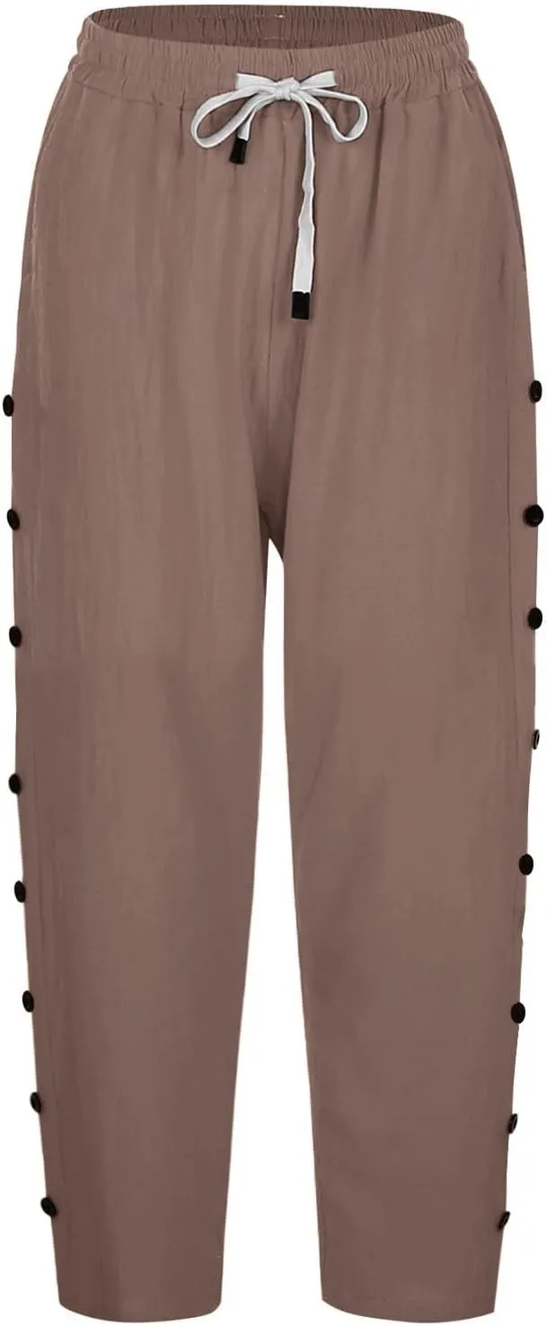 Womens Casual Linen High Waist Pants Elastic Seven Pants Beach Casual Cotton Linen Casual Summer 2025 Straight Wide Leg