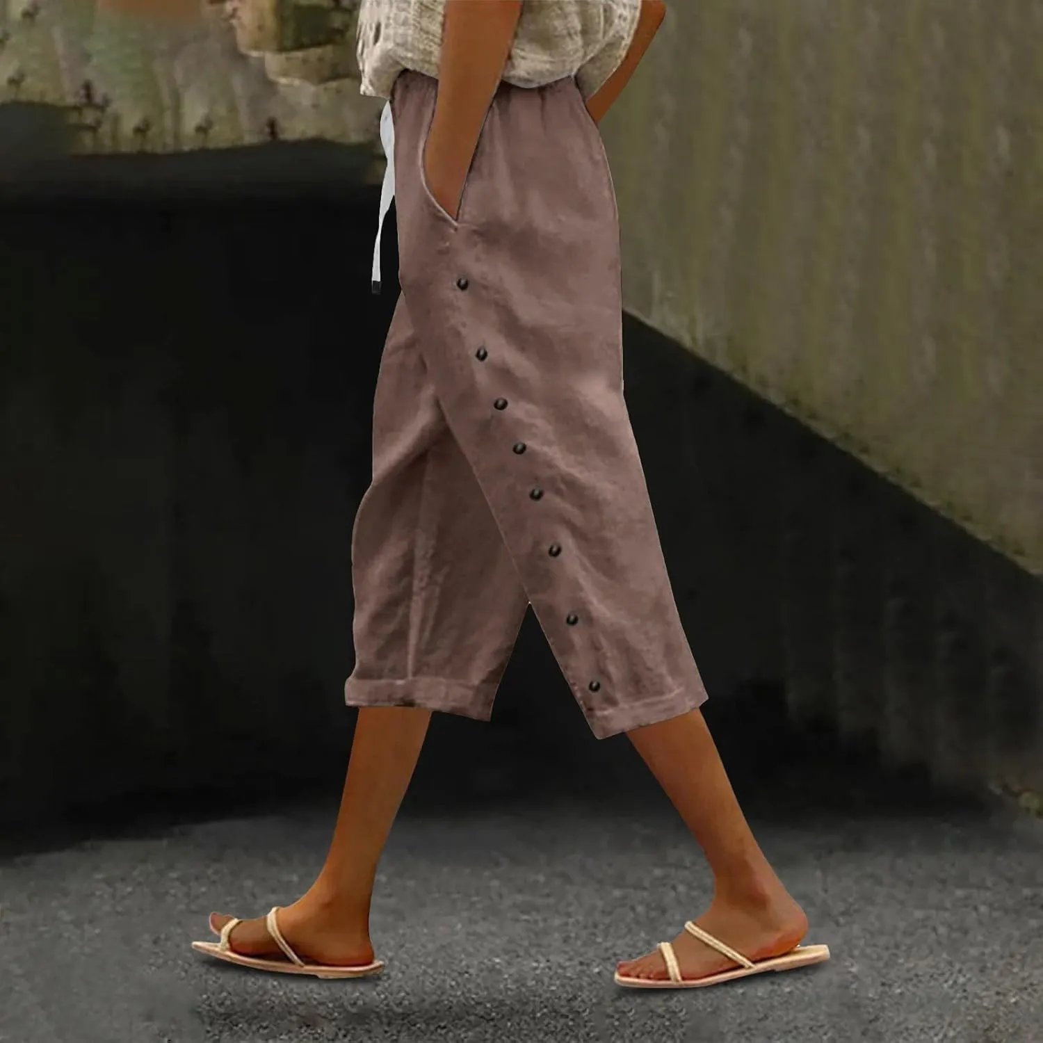Womens Casual Linen High Waist Pants Elastic Seven Pants Beach Casual Cotton Linen Casual Summer 2025 Straight Wide Leg