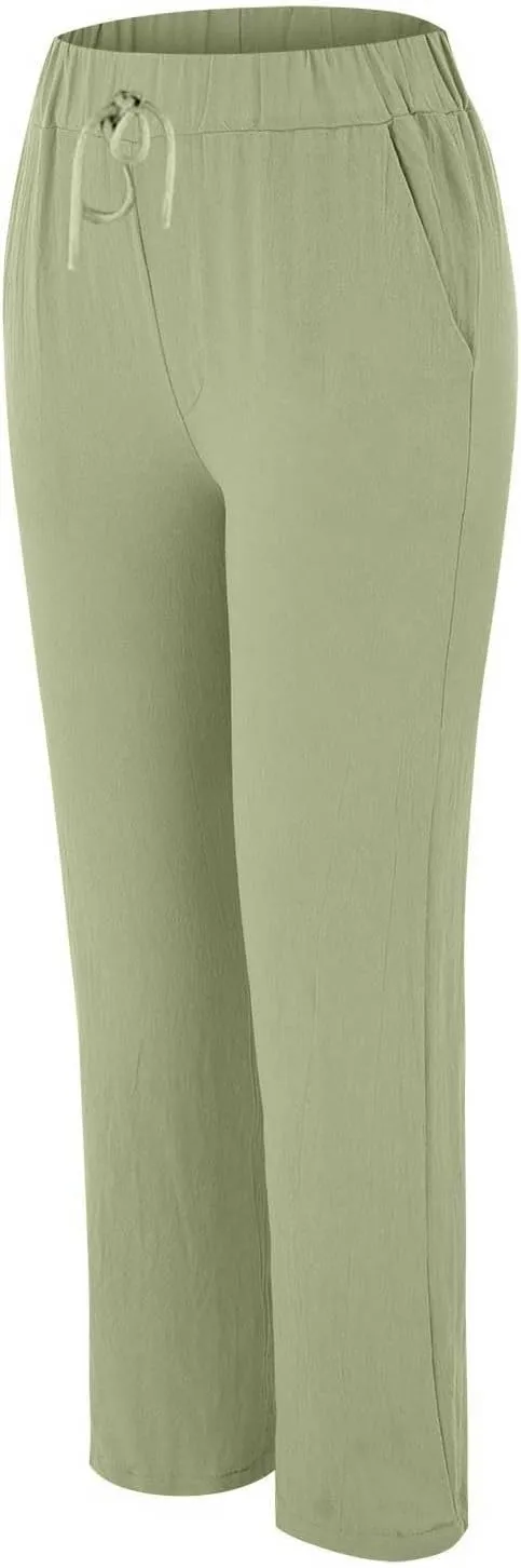 Women's Cotton Linen Micro Flared Pants Solid Summer Drawstring Wide Leg Pants Elastic Palazzo Trousers with Pockets