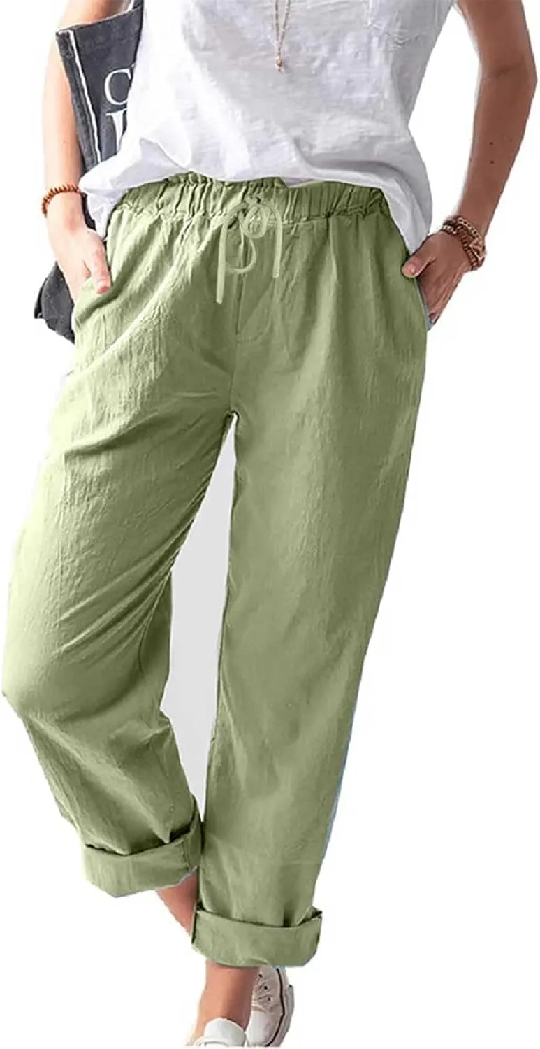 Women's Cotton Linen Micro Flared Pants Solid Summer Drawstring Wide Leg Pants Elastic Palazzo Trousers with Pockets