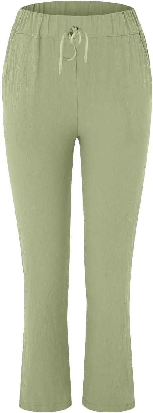Women's Cotton Linen Micro Flared Pants Solid Summer Drawstring Wide Leg Pants Elastic Palazzo Trousers with Pockets